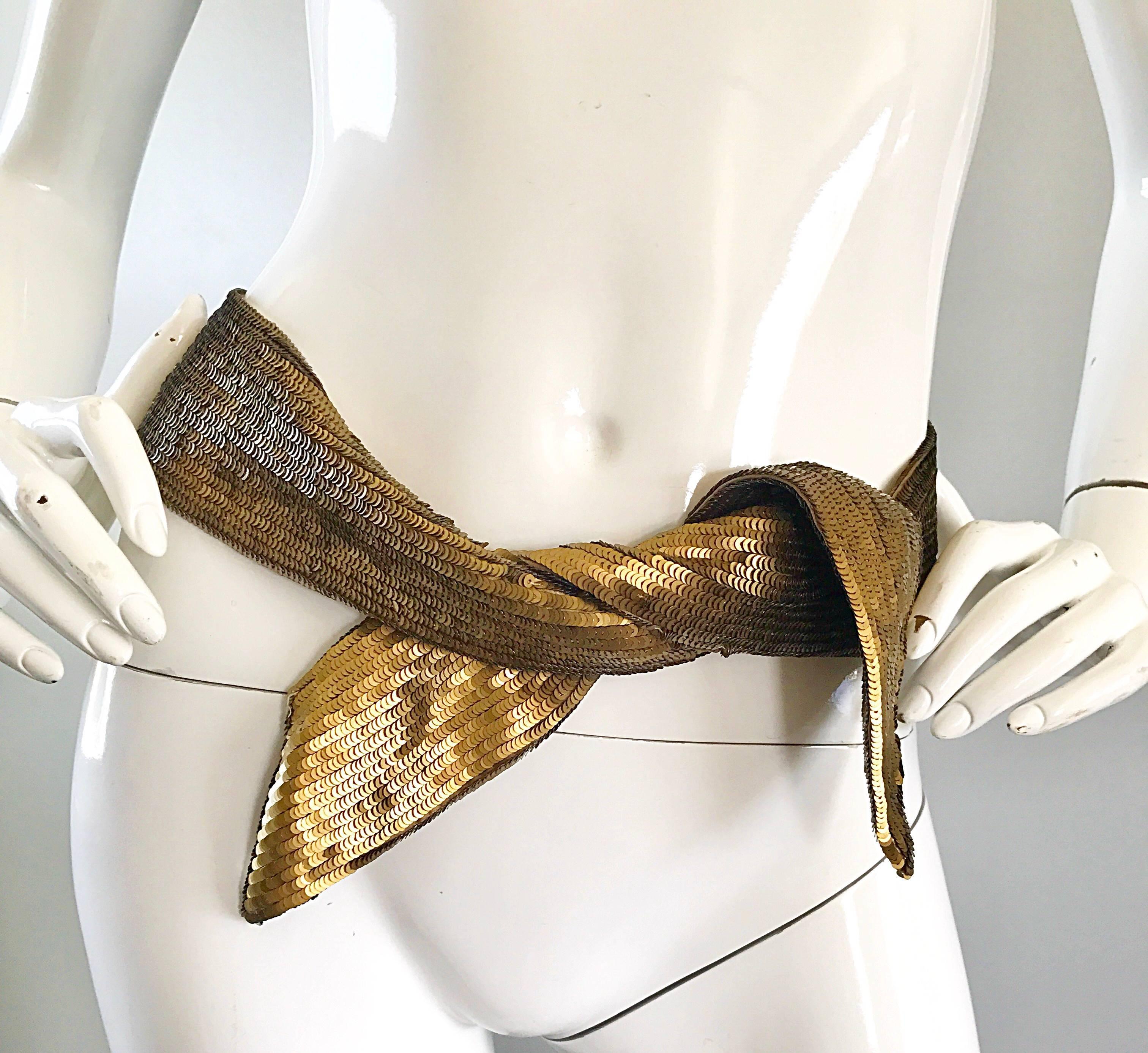New Proenza Schouler Bronze Gold Metallic Sequin Silk Tie Sash Belt Hair Scarf  en vente 4
