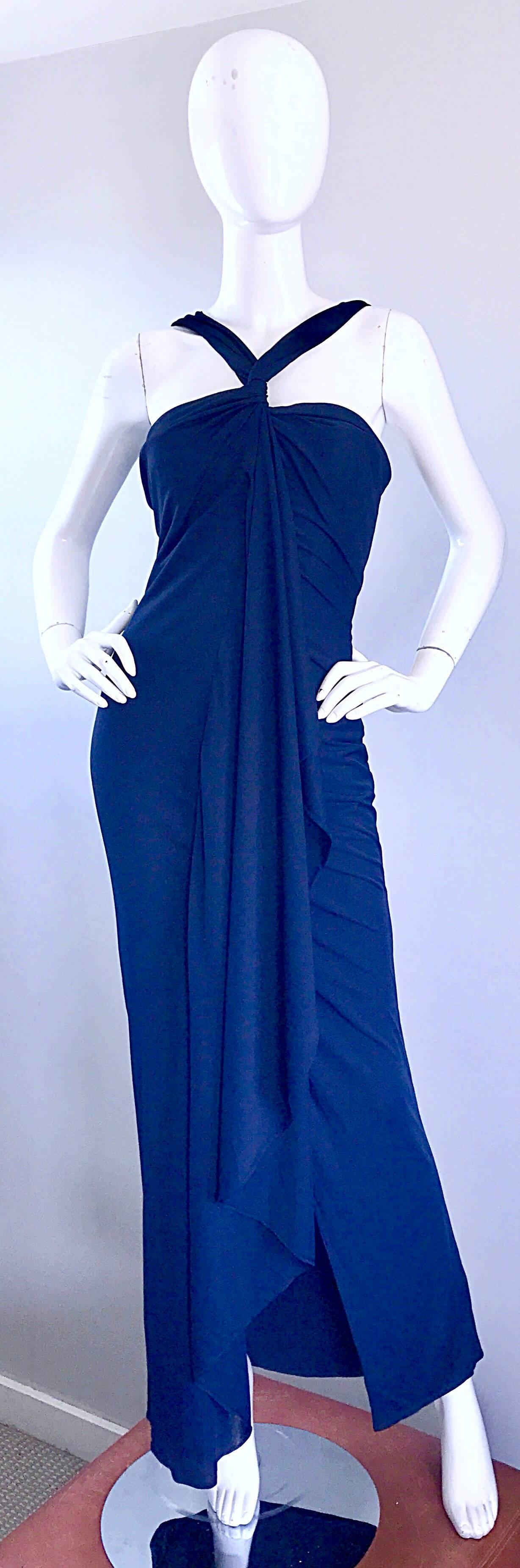 Gorgeous mid 90s RANDOLPH DUKE navy / midnight blue rayon jersey asymmetrical Grecian evening halter dress! Duke started his career as head designer for Halston in the late 1980s and early 1990s. This gown definitely has an ode to Halston, but with