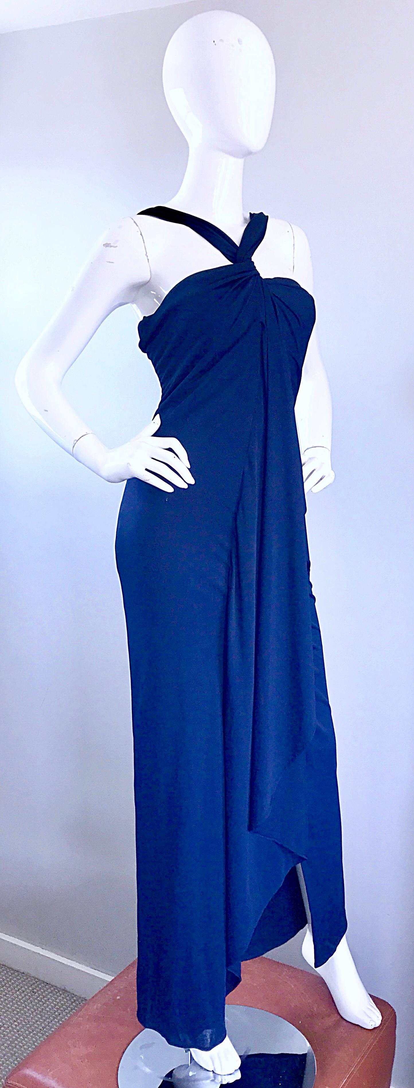 Women's Randolph Duke 1990s Navy Blue Sz 8 Jersey Asymmetrical Vintage 90s Grecian Gown For Sale