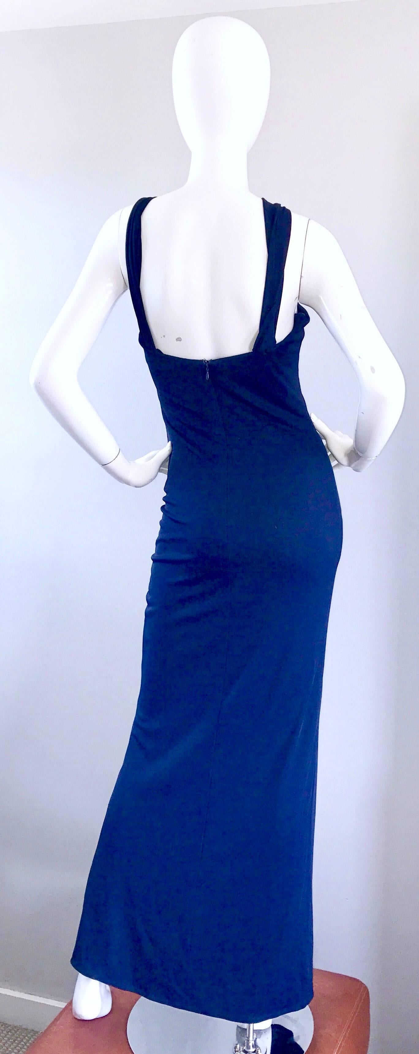 Randolph Duke 1990s Navy Blue Sz 8 Jersey Asymmetrical Vintage 90s Grecian Gown In Excellent Condition For Sale In San Diego, CA