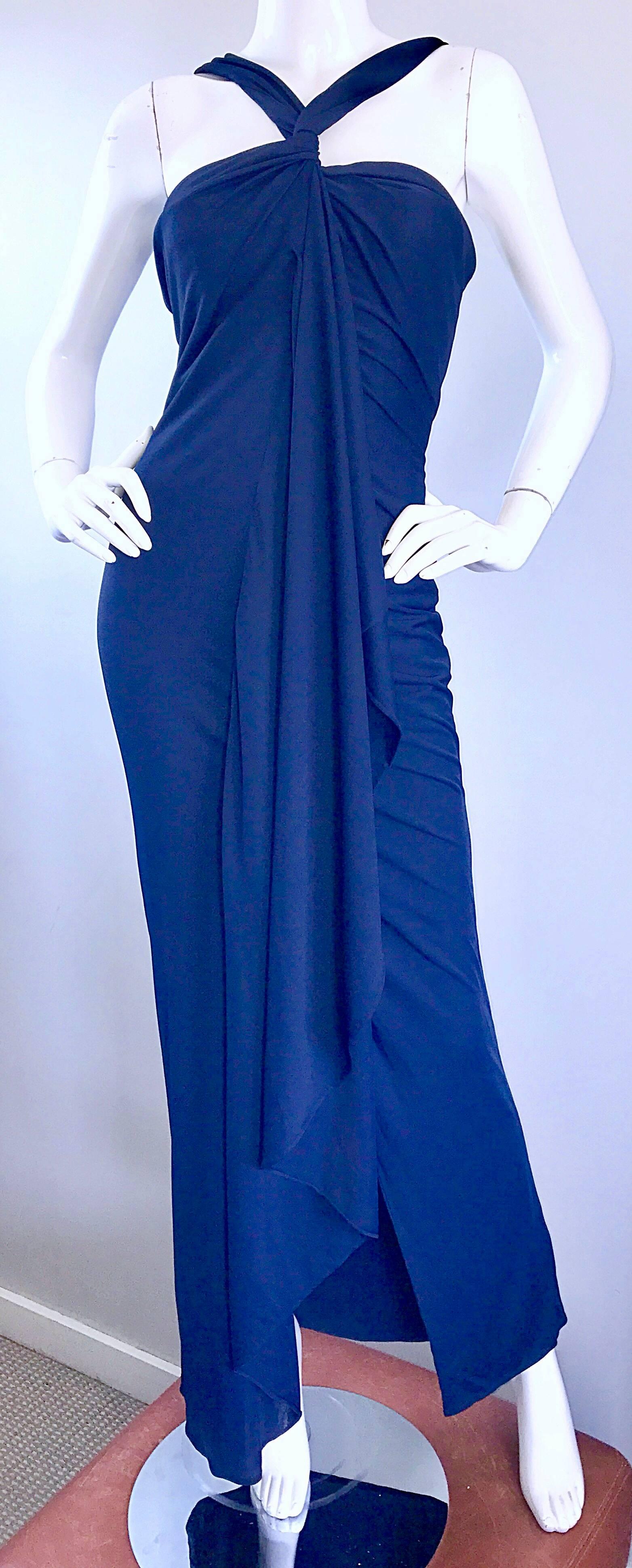 Randolph Duke 1990s Navy Blue Sz 8 Jersey Asymmetrical Vintage 90s Grecian Gown For Sale 2