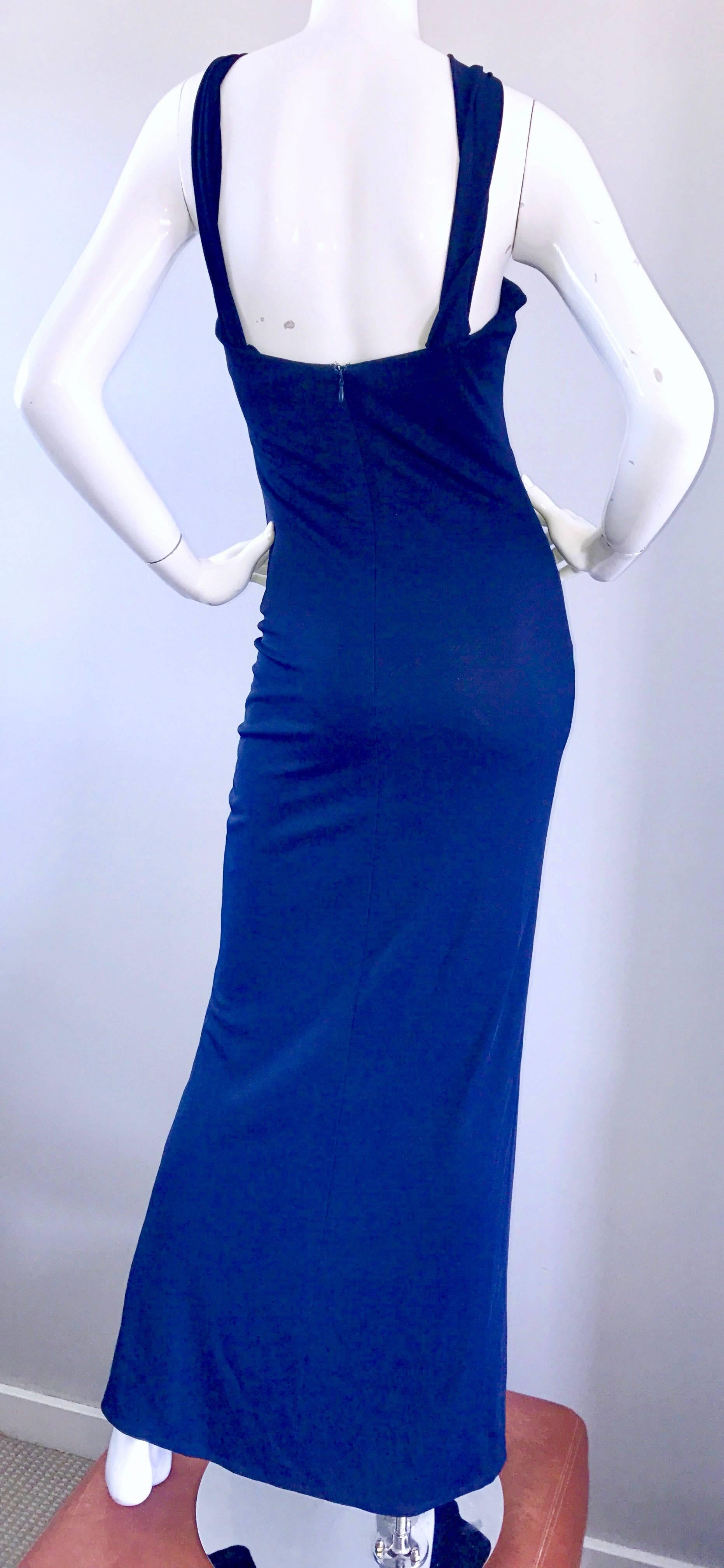 Randolph Duke 1990s Navy Blue Sz 8 Jersey Asymmetrical Vintage 90s Grecian Gown For Sale 1