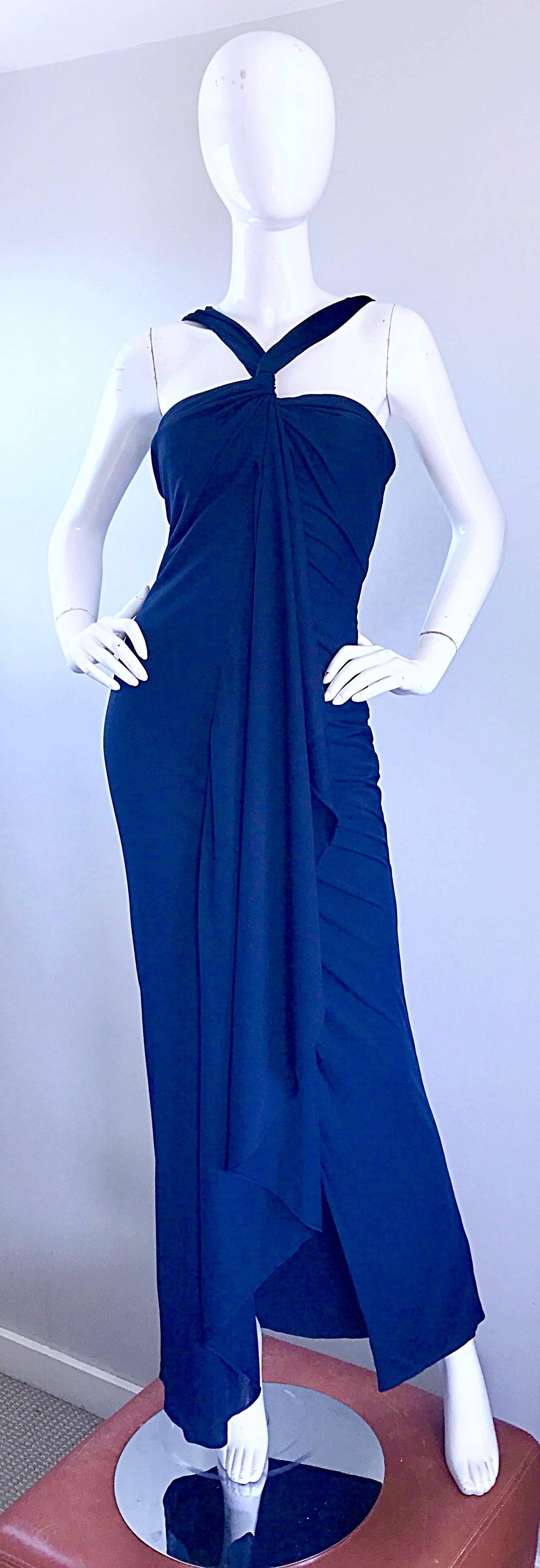 Randolph Duke 1990s Navy Blue Sz 8 Jersey Asymmetrical Vintage 90s Grecian Gown For Sale 4