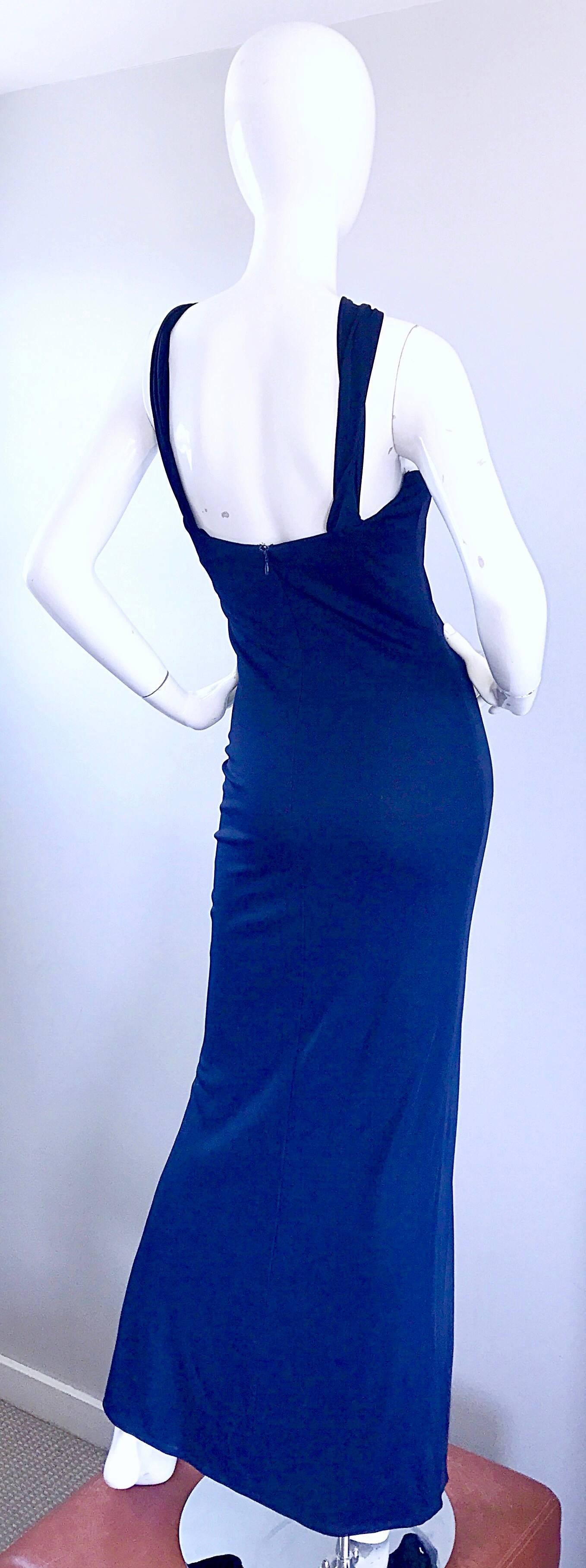 Randolph Duke 1990s Navy Blue Sz 8 Jersey Asymmetrical Vintage 90s Grecian Gown For Sale 3