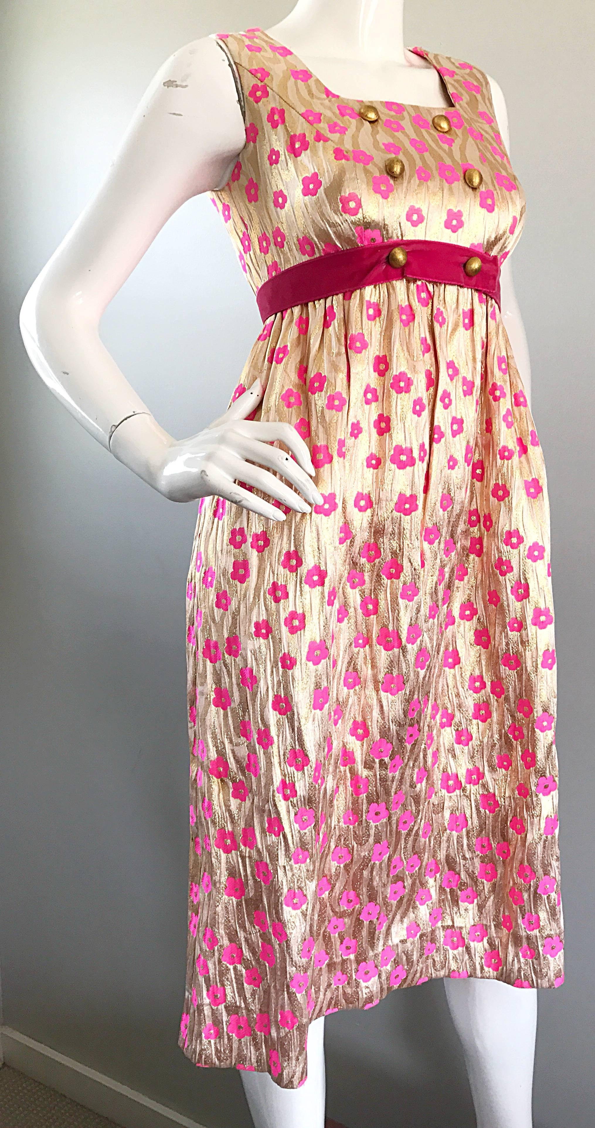 Beige Incredible 1960s Gold and Pink Poppy Flower Print Vintage 60s A Line Silk Dress