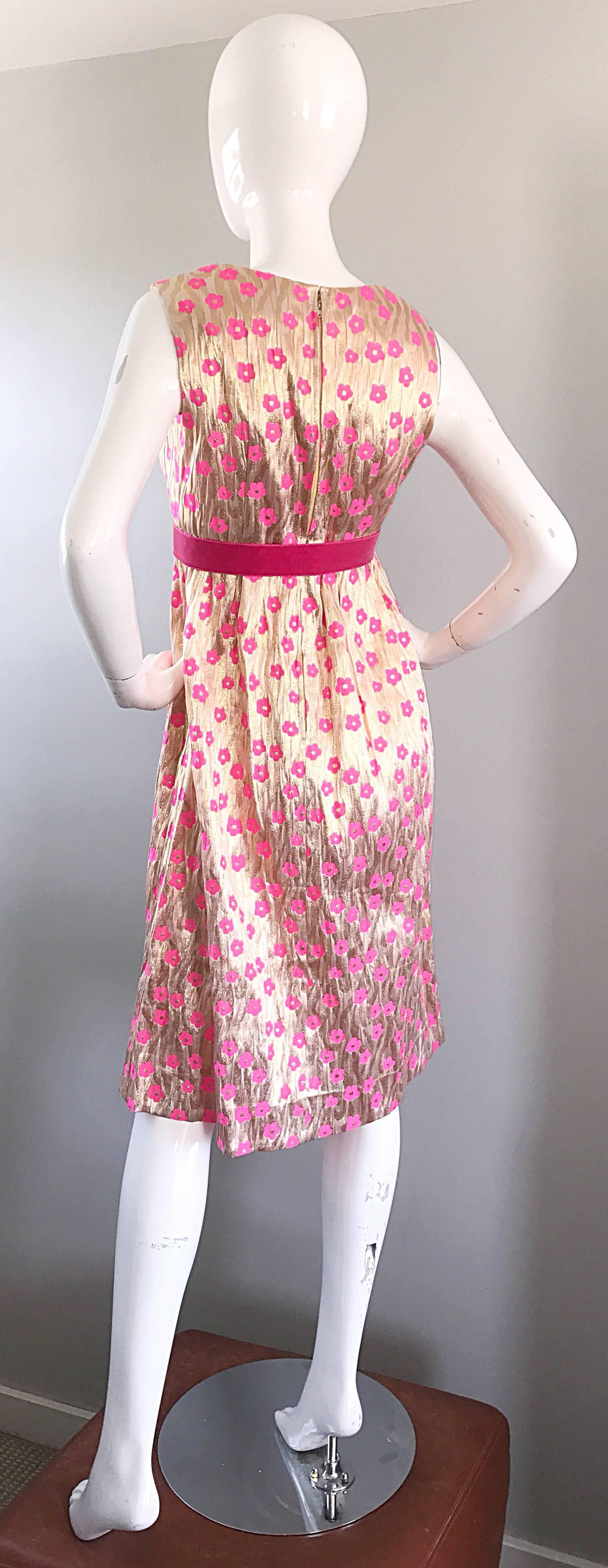 Incredible 1960s Gold and Pink Poppy Flower Print Vintage 60s A Line Silk Dress In Excellent Condition In San Diego, CA