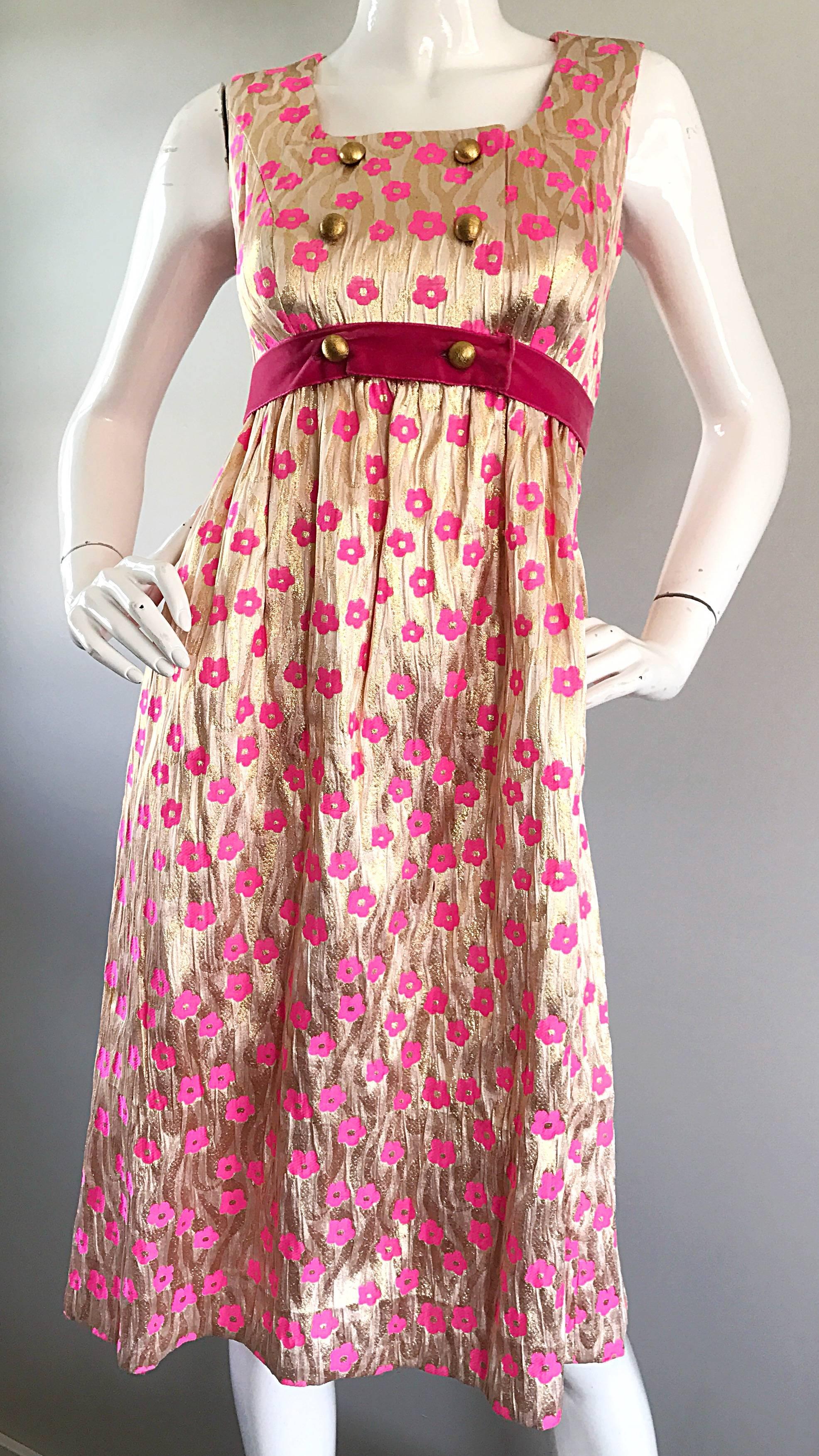 Women's Incredible 1960s Gold and Pink Poppy Flower Print Vintage 60s A Line Silk Dress