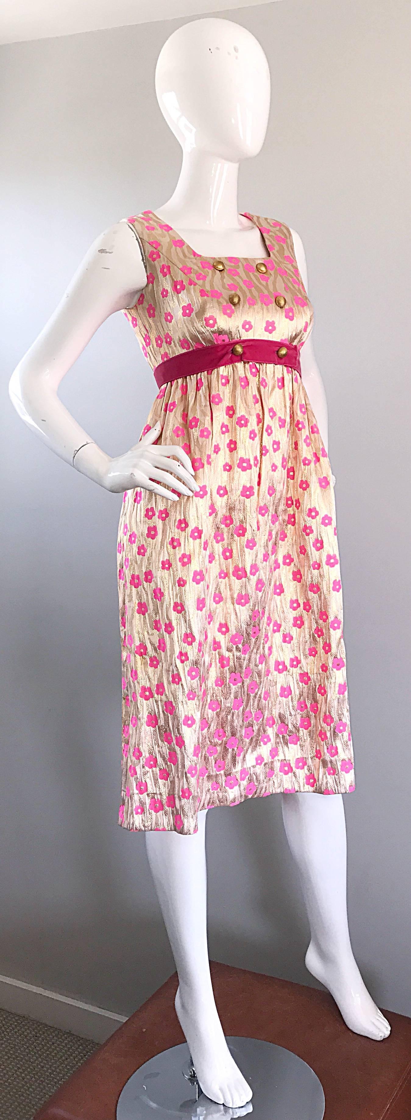 Incredible 1960s Gold and Pink Poppy Flower Print Vintage 60s A Line Silk Dress 2