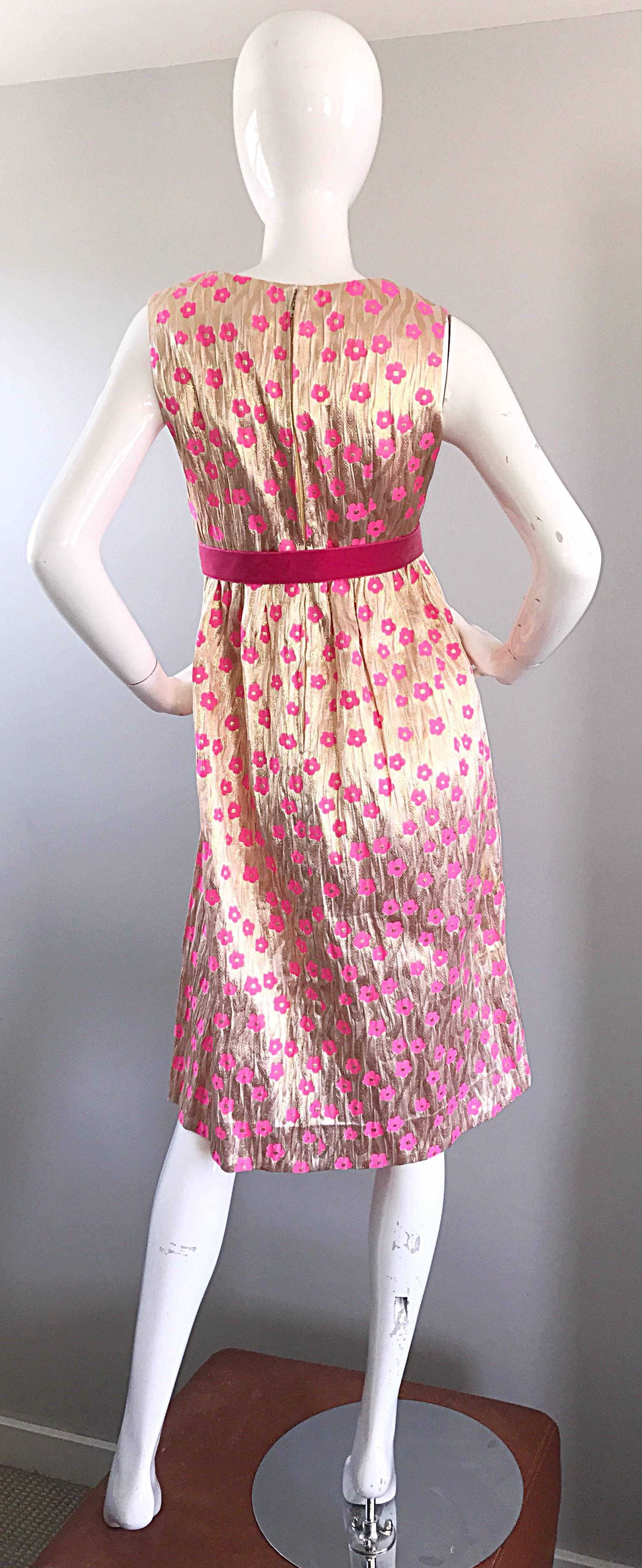 Incredible 1960s Gold and Pink Poppy Flower Print Vintage 60s A Line Silk Dress 1