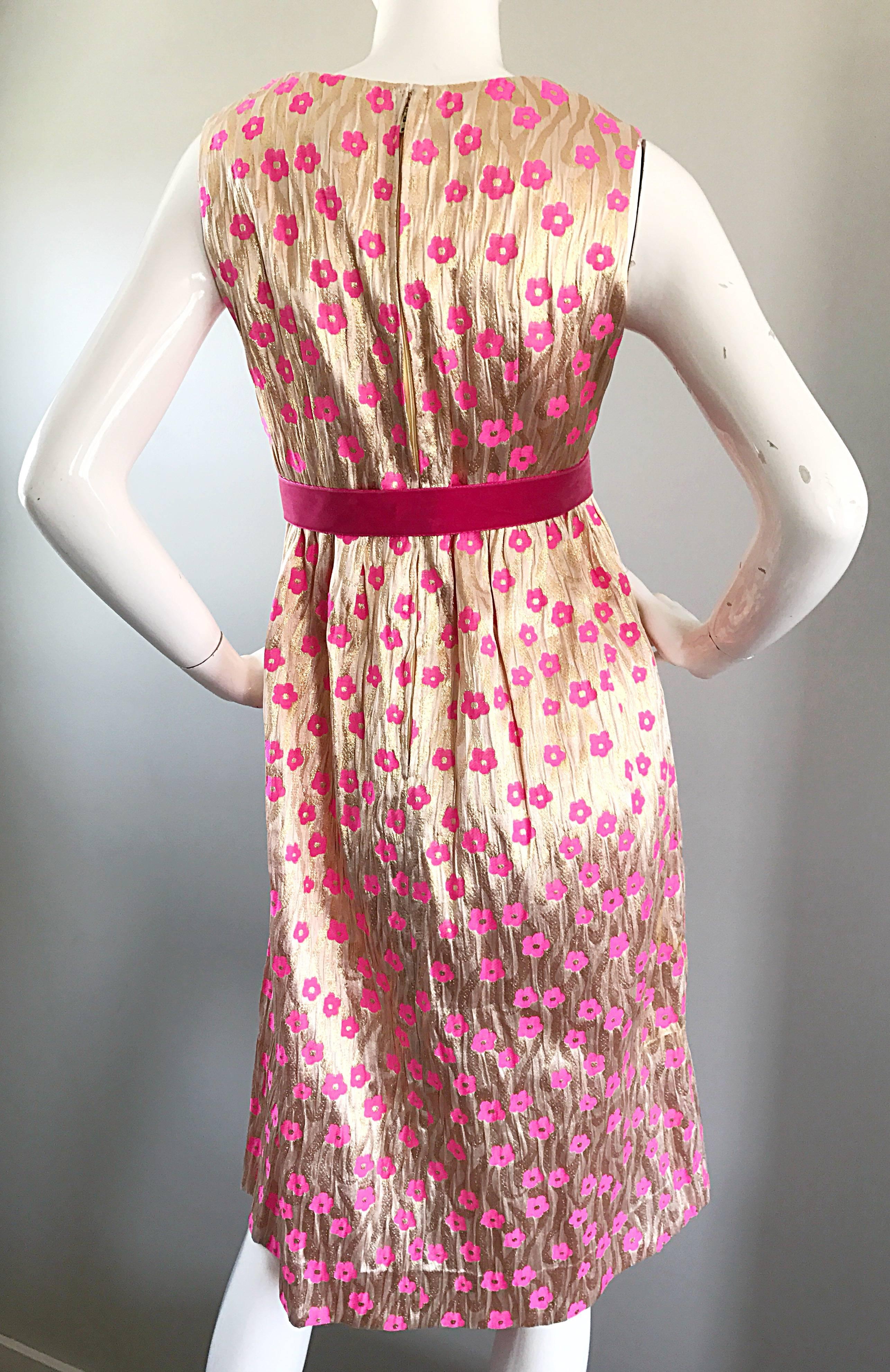 Incredible 1960s Gold and Pink Poppy Flower Print Vintage 60s A Line Silk Dress 3