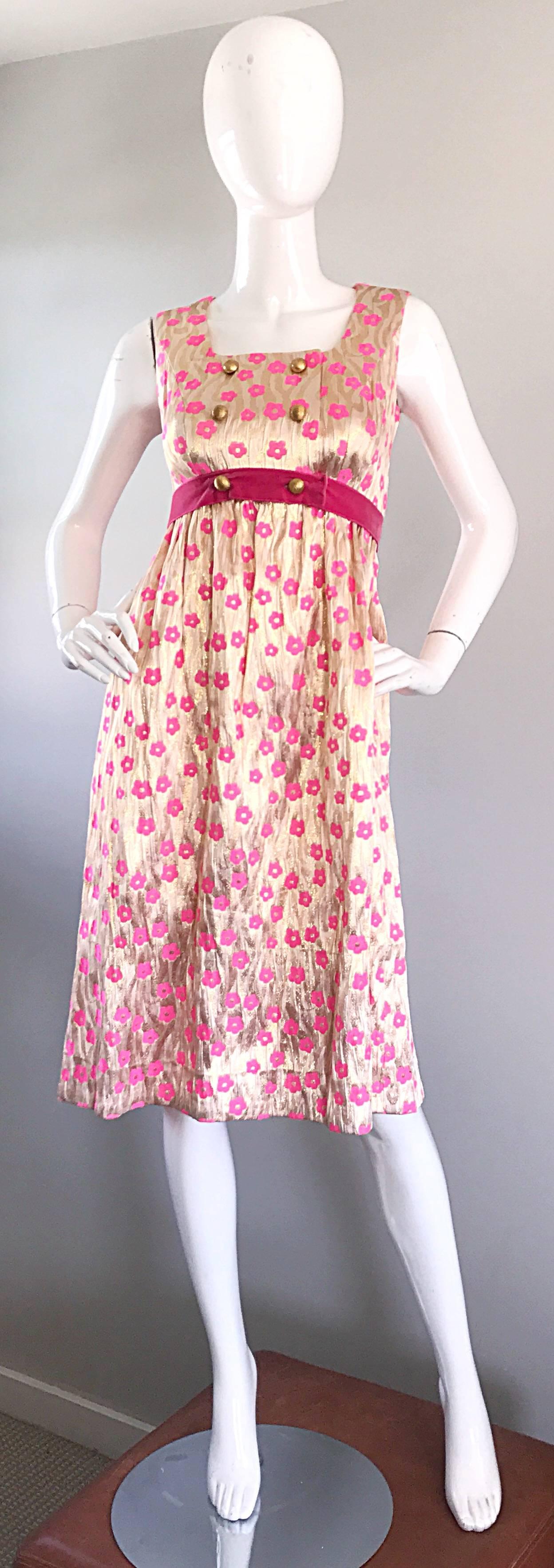 Incredible 1960s Gold and Pink Poppy Flower Print Vintage 60s A Line Silk Dress 4