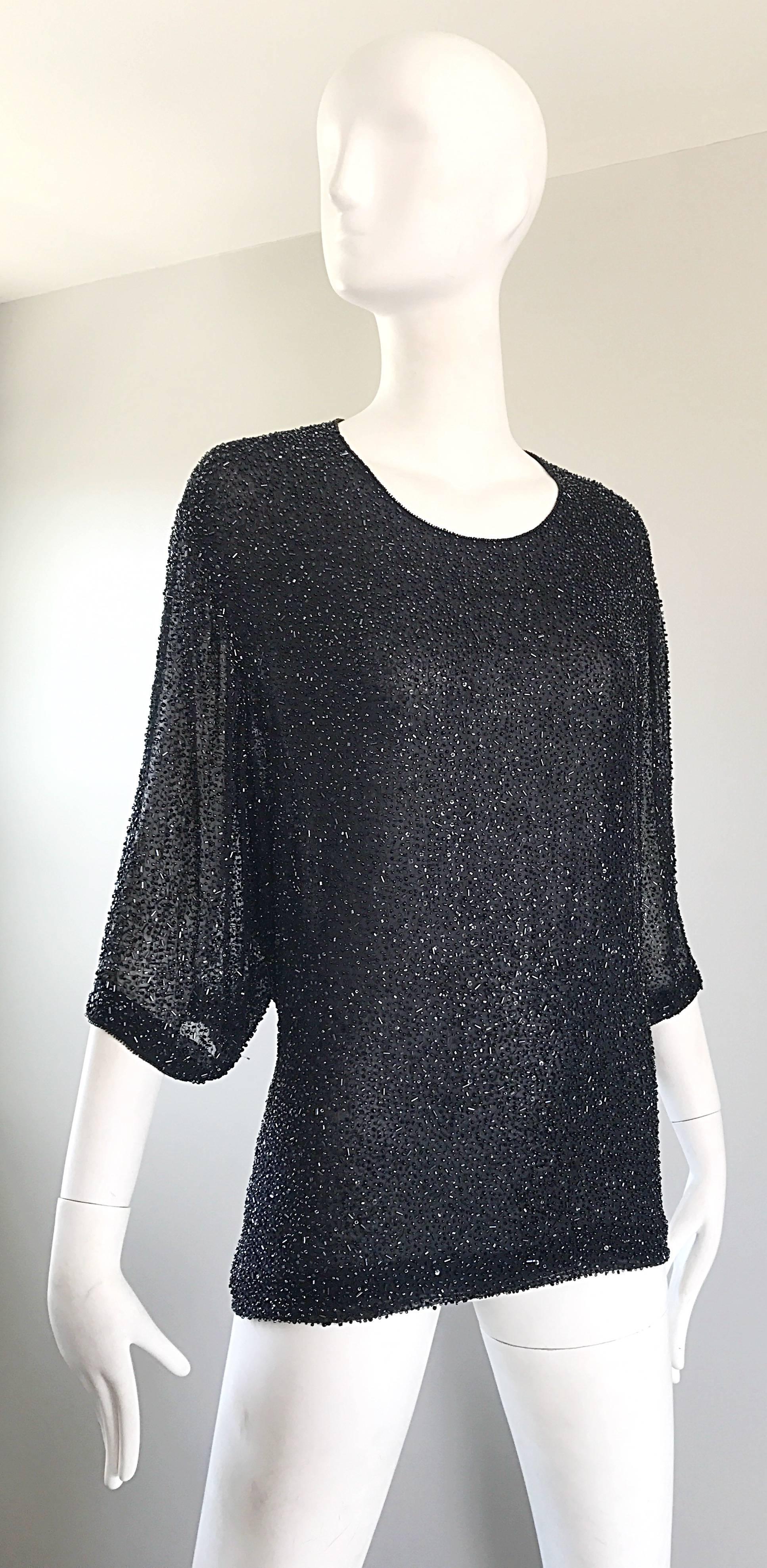 Vintage BIll Blass For Saks 5th Ave Plus Size 20 Black Silk Chiffon Beaded Top In Excellent Condition In San Diego, CA