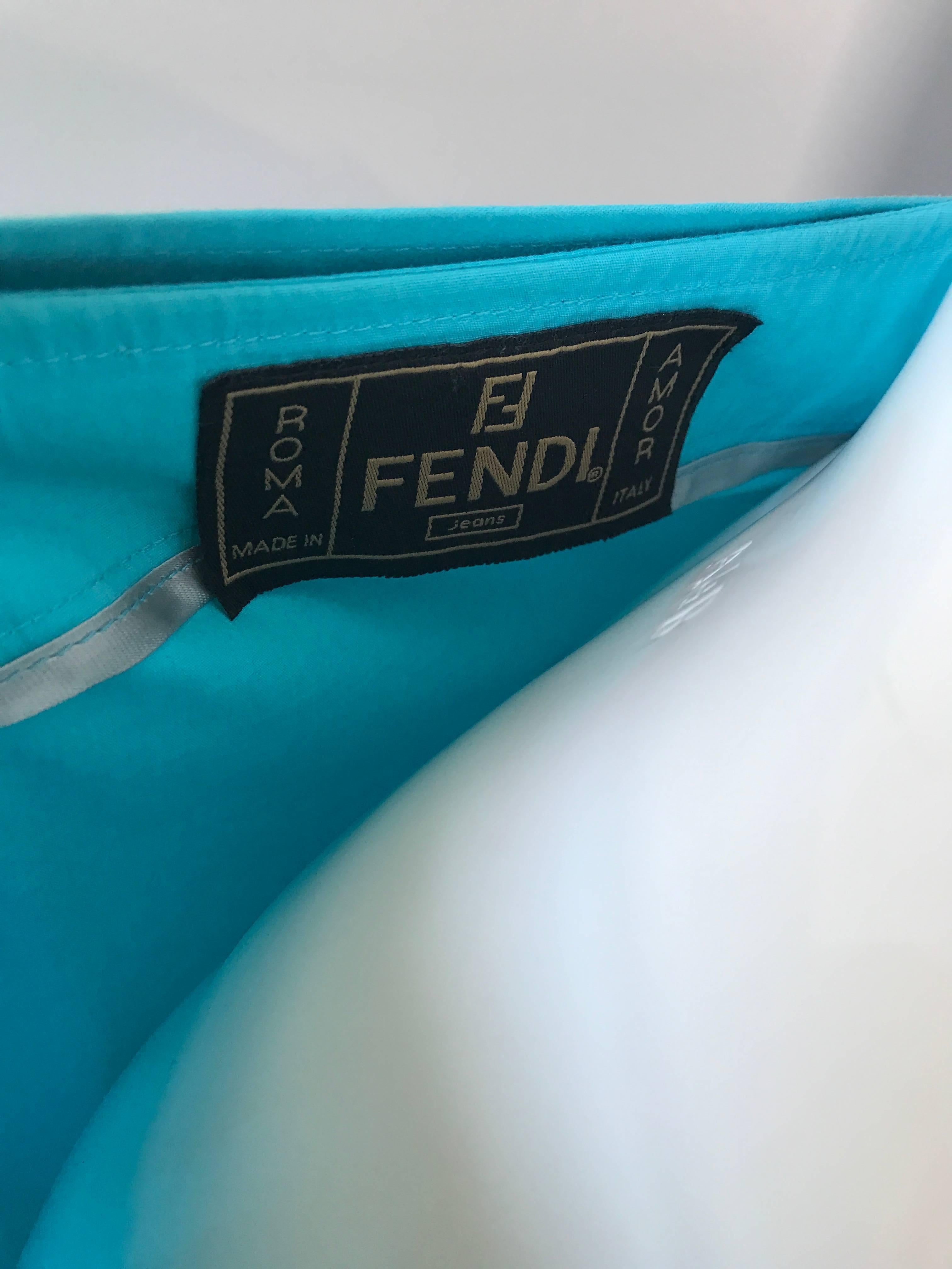 1990s Fendi By Karl Lagerfeld Vintage Turquoise Teal Blue Cotton Skirt w FF Belt For Sale 4