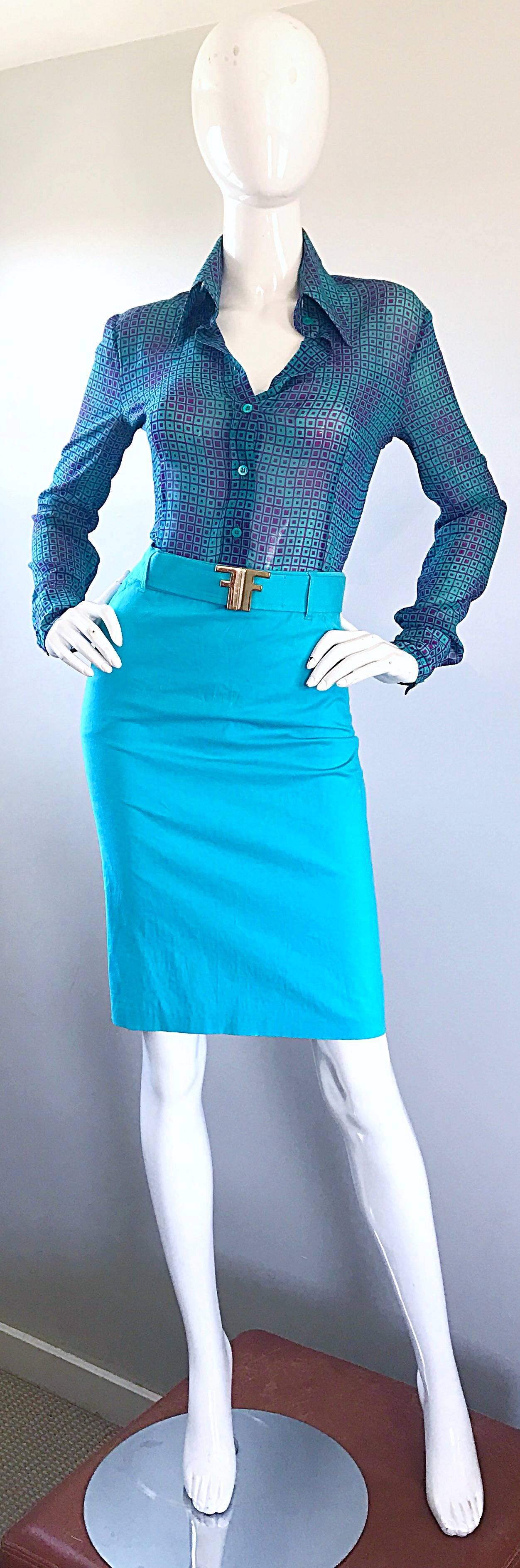 Wonderful 90s FENDI by KARL LAGERFELD turquoise teal blue cotton high waisted pencil skirt! Detachable matching belt features a gold Fendi logo buckle. Pocket at each side of the waist. Hidden zipper up the side with hook-and-eye closure. Can easily