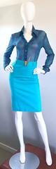 1990s Fendi By Karl Lagerfeld Vintage Turquoise Teal Blue Cotton Skirt w FF Belt
