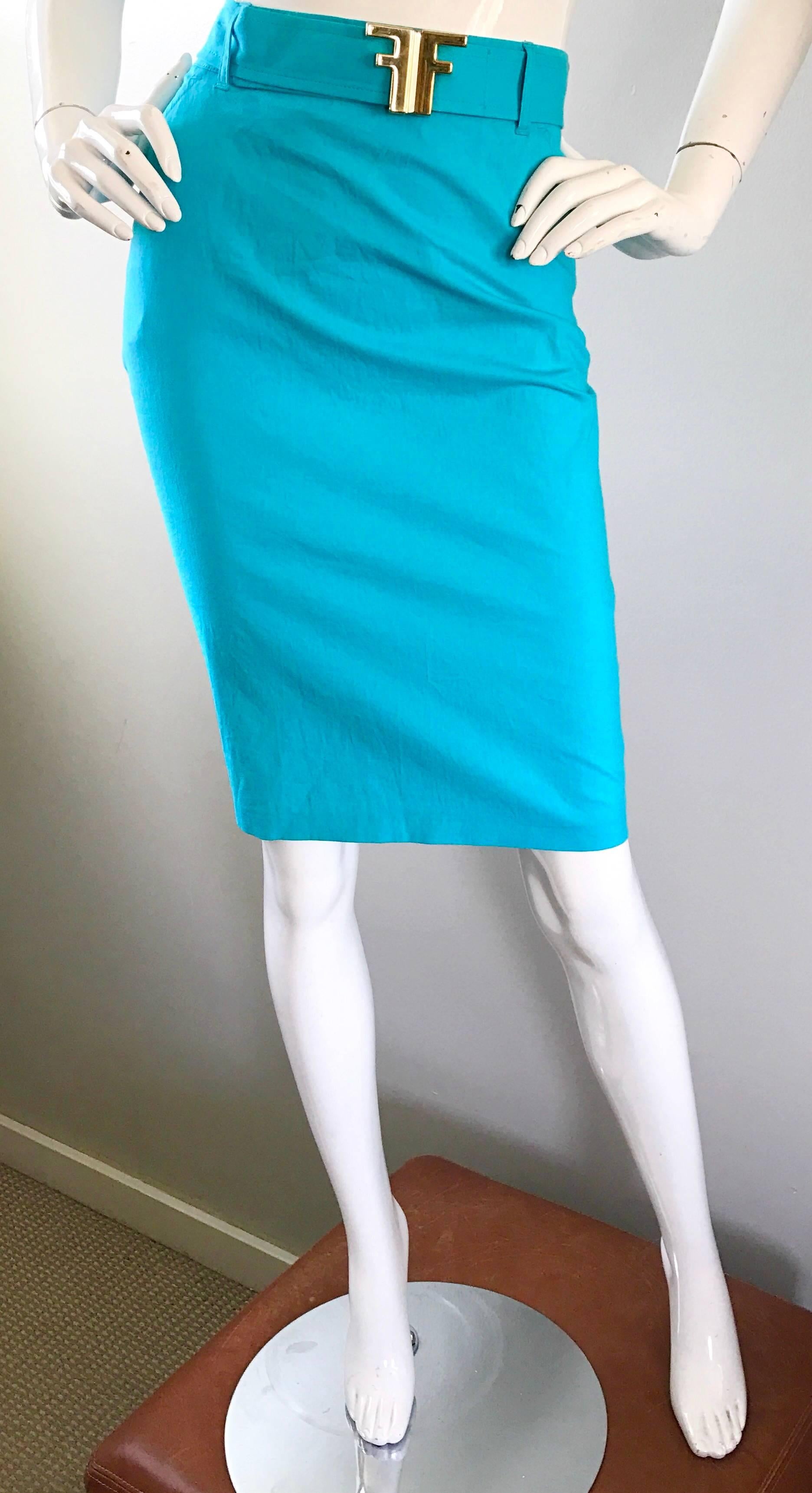 Bleu Fendi By Karl Lagerfeld - Jupe vintage en coton bleu sarcelle turquoise avec ceinture FF, années 1990 en vente