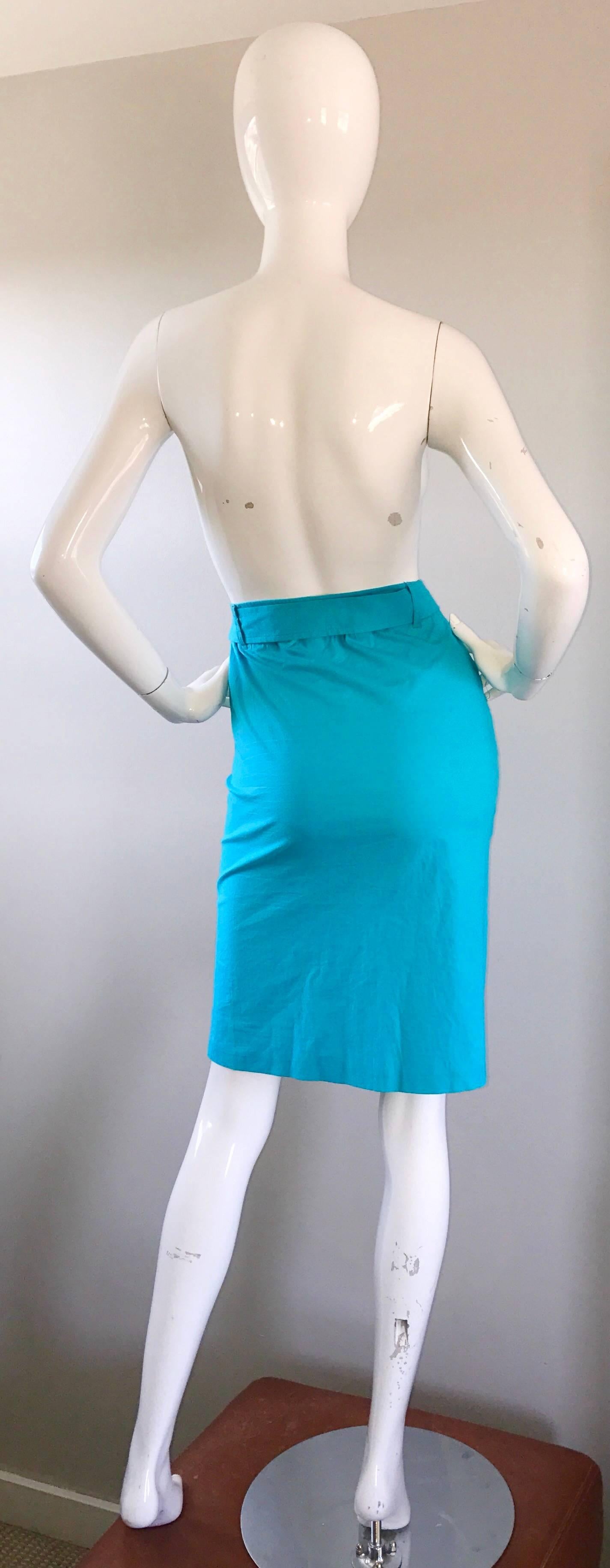 1990s Fendi By Karl Lagerfeld Vintage Turquoise Teal Blue Cotton Skirt w FF Belt In Excellent Condition For Sale In San Diego, CA