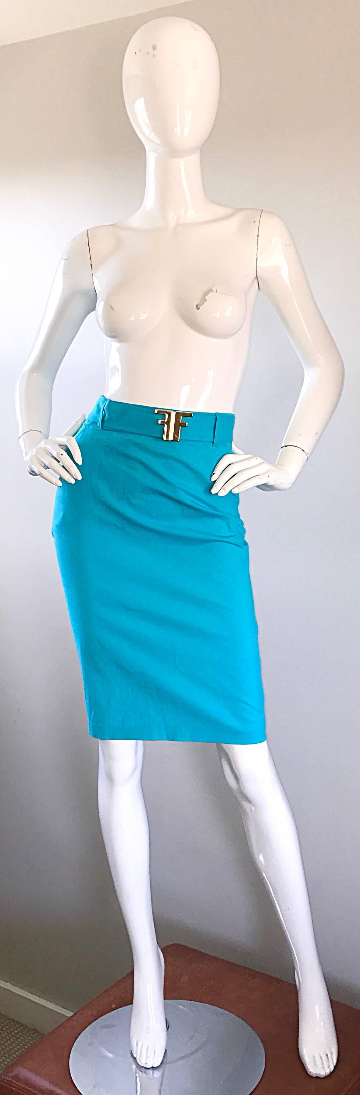 Women's 1990s Fendi By Karl Lagerfeld Vintage Turquoise Teal Blue Cotton Skirt w FF Belt For Sale