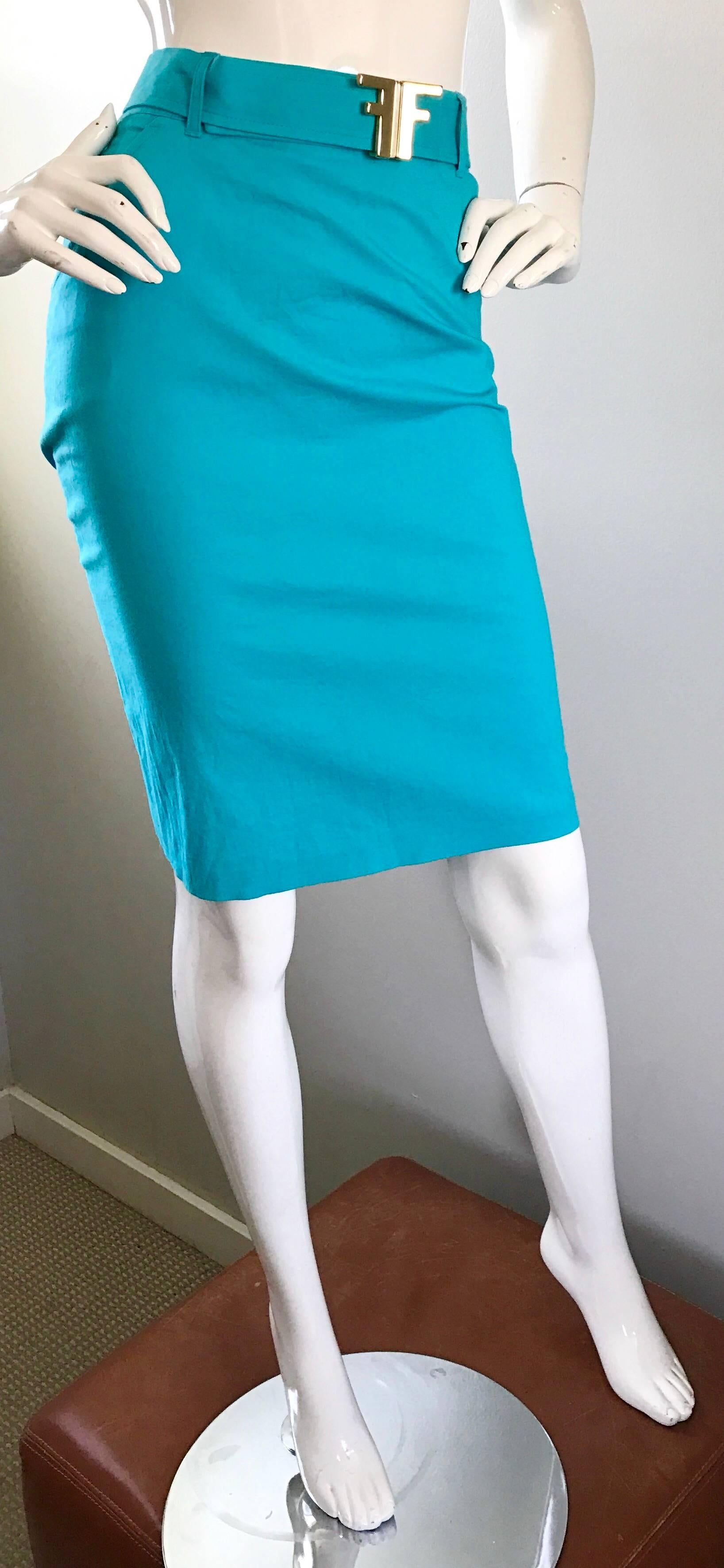 1990s Fendi By Karl Lagerfeld Vintage Turquoise Teal Blue Cotton Skirt w FF Belt For Sale 1