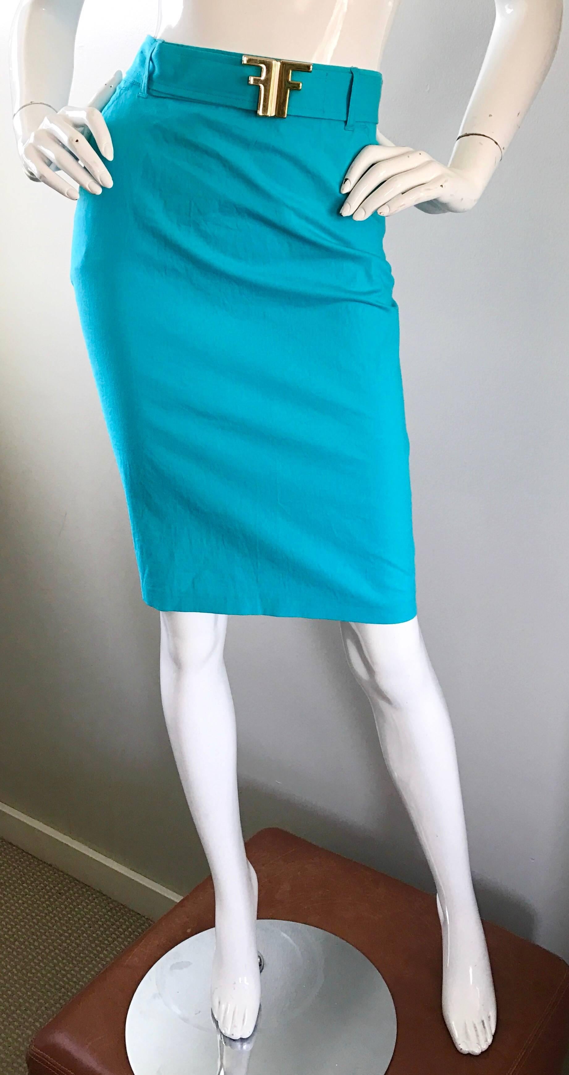 1990s Fendi By Karl Lagerfeld Vintage Turquoise Teal Blue Cotton Skirt w FF Belt For Sale 2