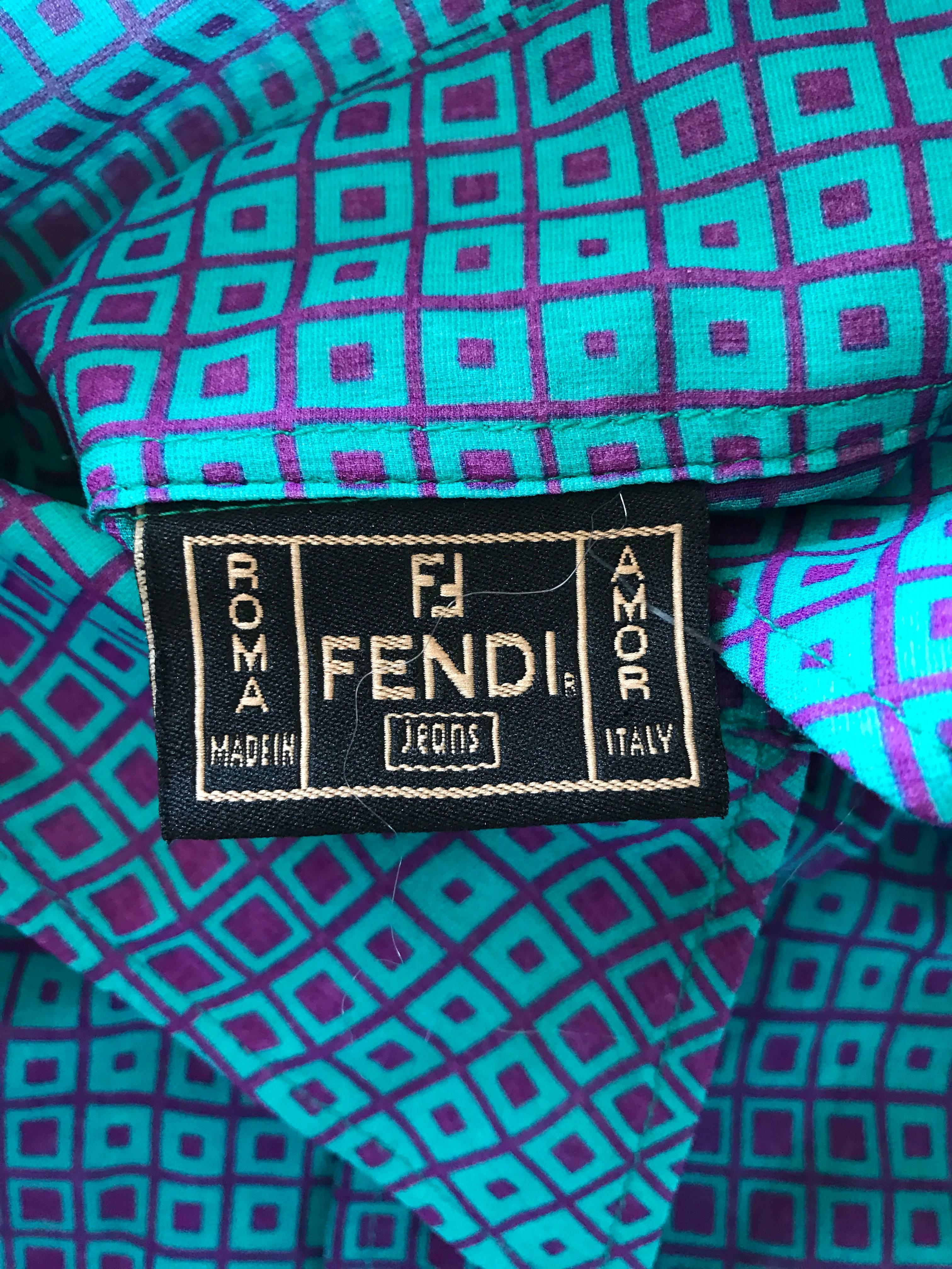 1970s Fendi by Karl Lagerfeld Turquoise + Purple Op Art Silk Chiffon Blouse Top 2