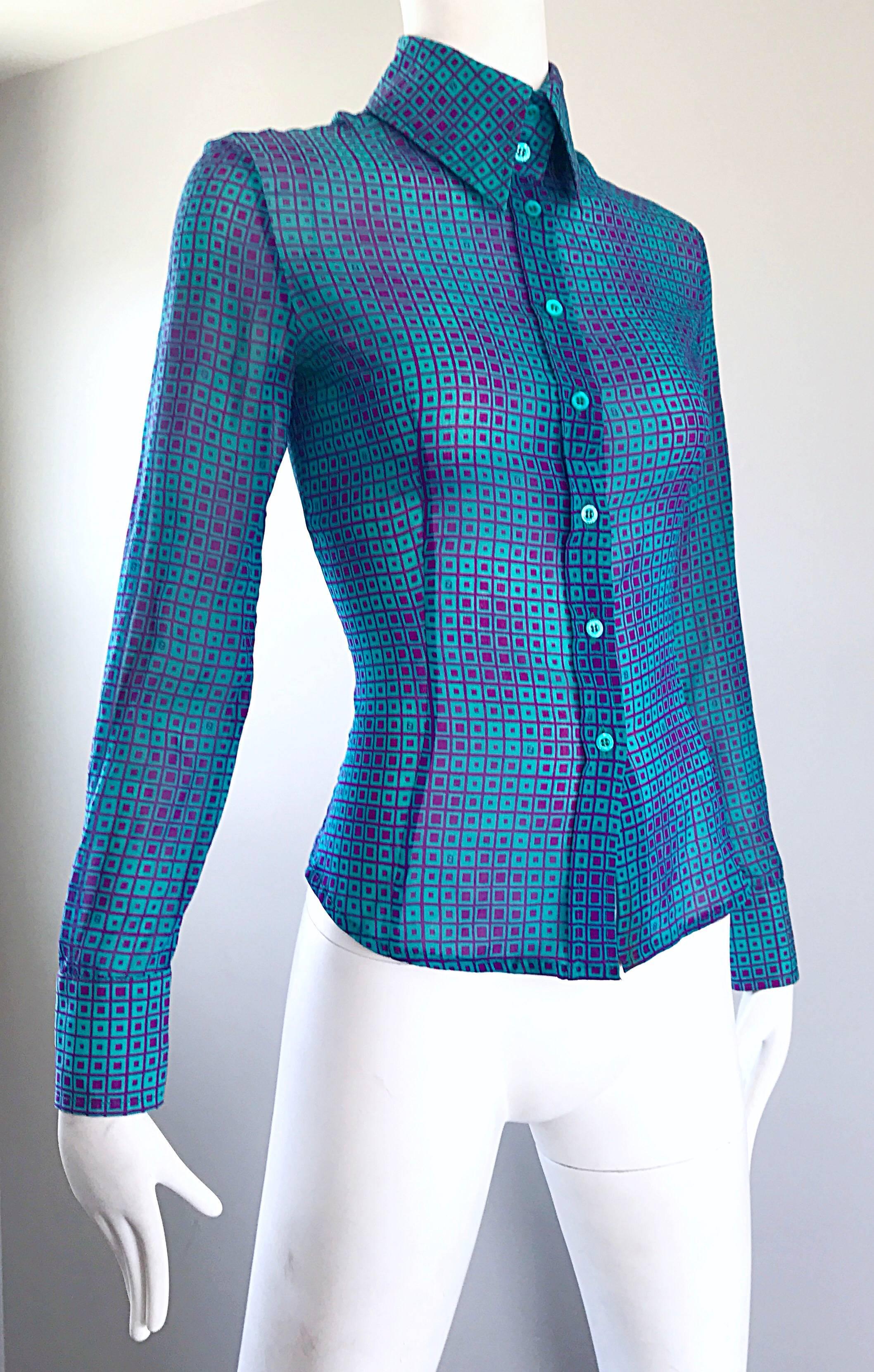 Green 1970s Fendi by Karl Lagerfeld Turquoise + Purple Op Art Silk Chiffon Blouse Top