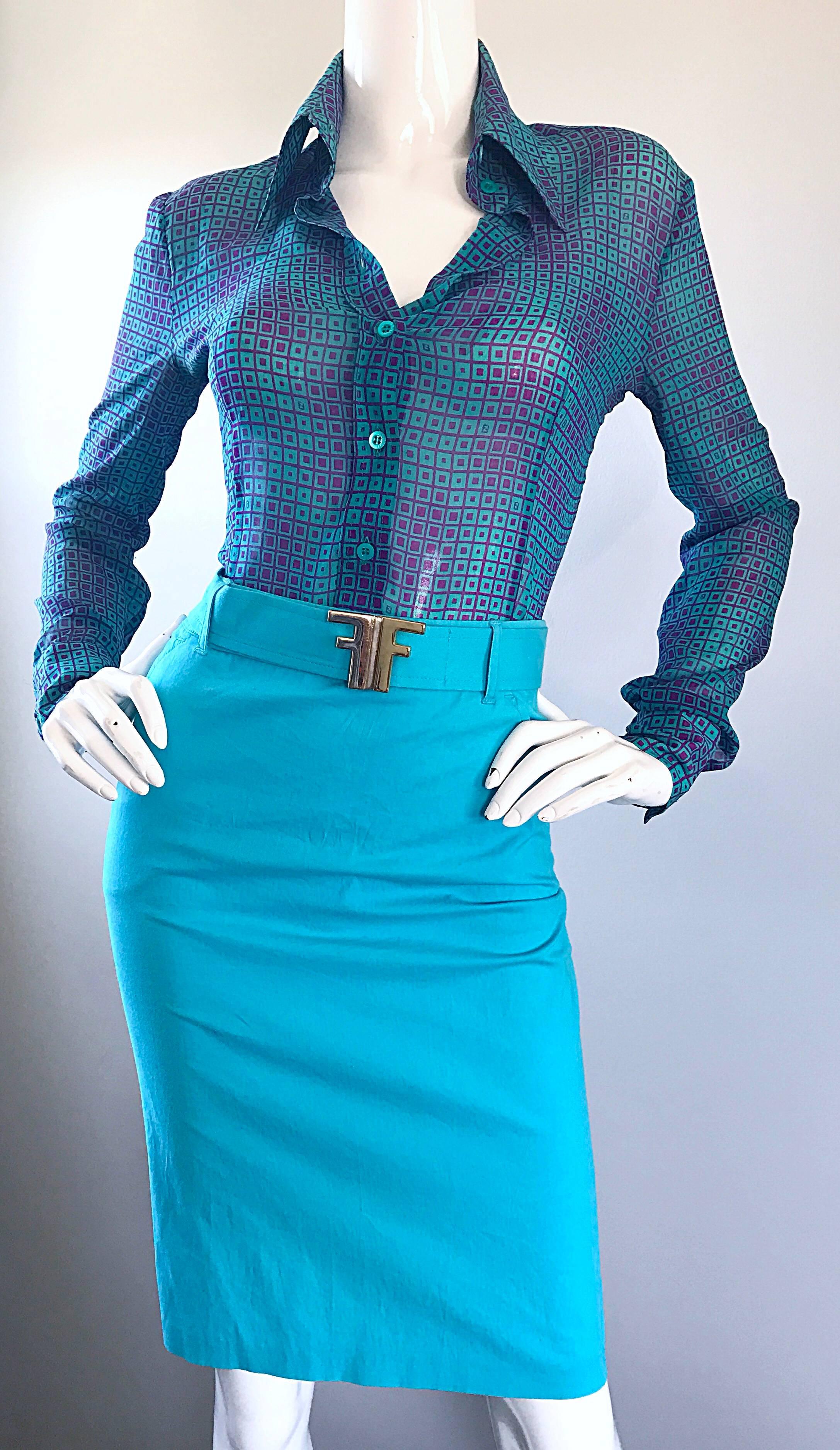 Women's 1970s Fendi by Karl Lagerfeld Turquoise + Purple Op Art Silk Chiffon Blouse Top