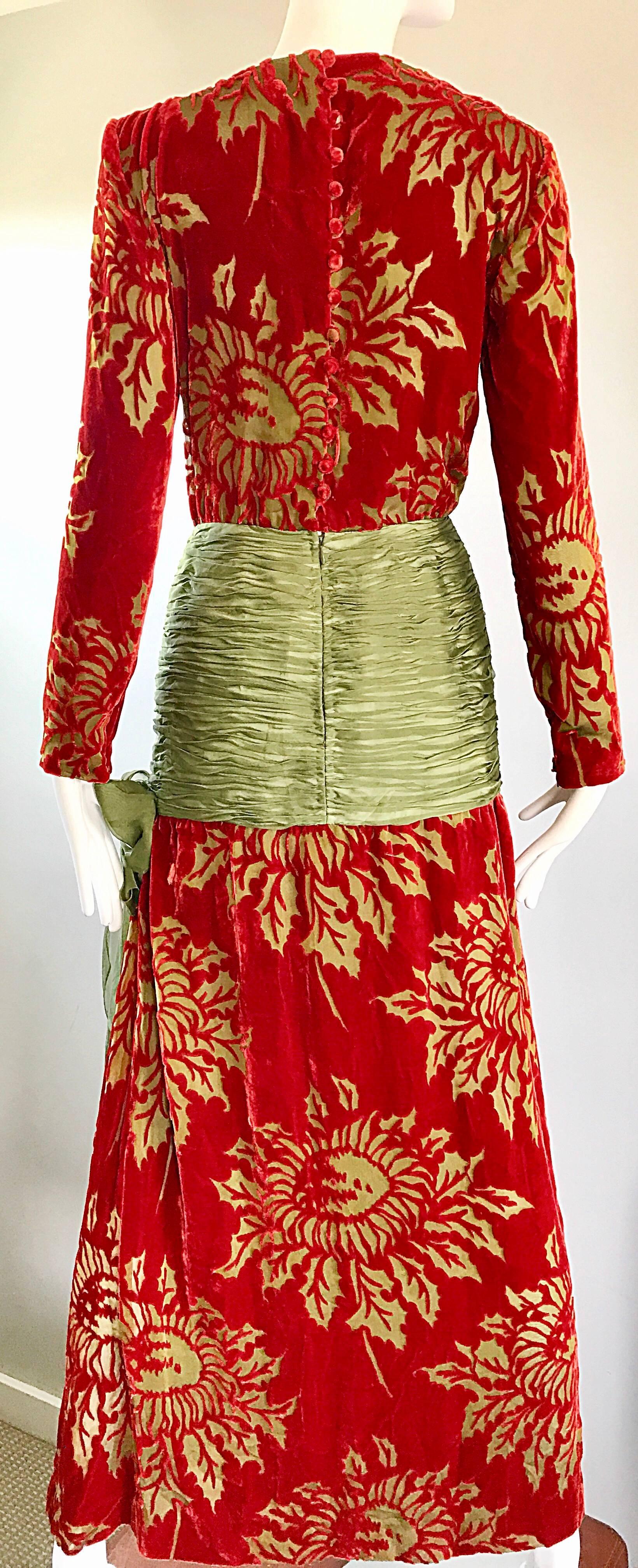 Vintage Galanos Deep Red + Chartreuse Green Burnt Out Silk Velvet 20s Style Gown In Excellent Condition In San Diego, CA