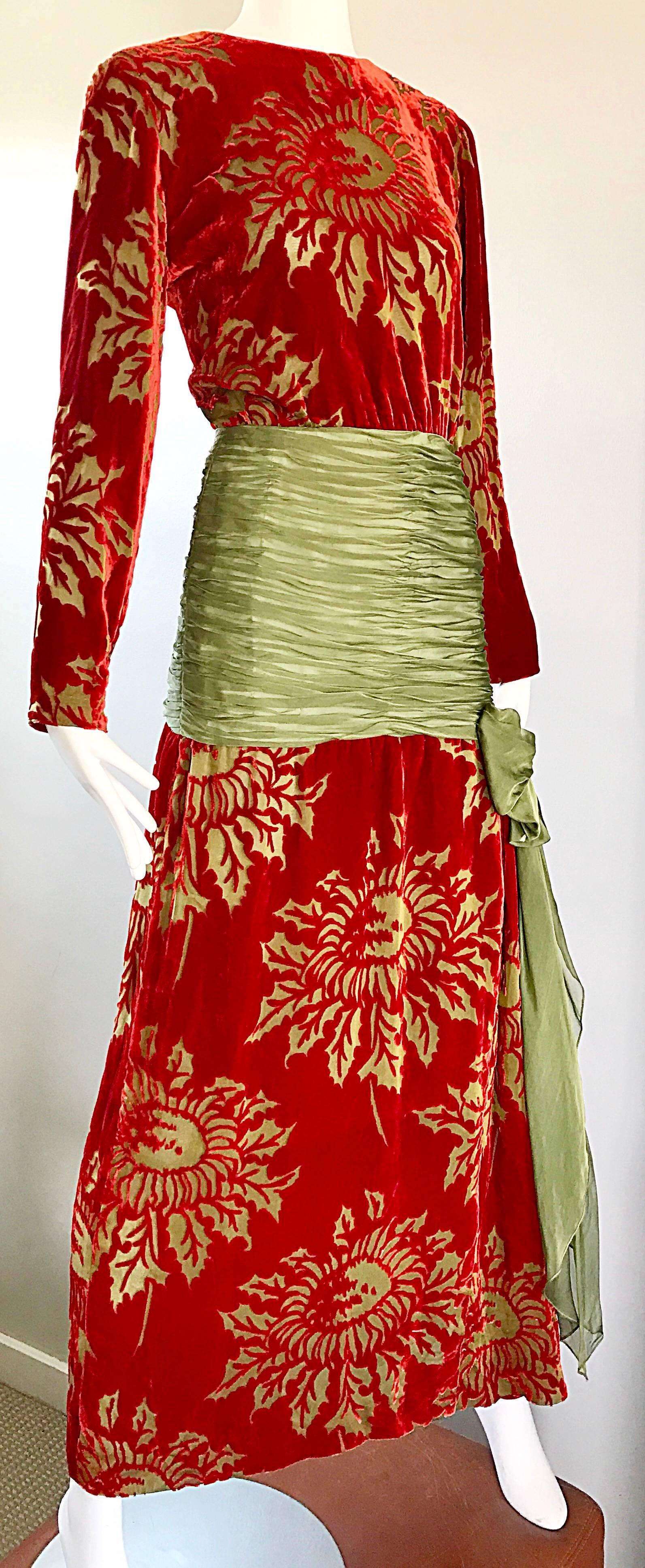 Vintage Galanos Deep Red + Chartreuse Green Burnt Out Silk Velvet 20s Style Gown 1