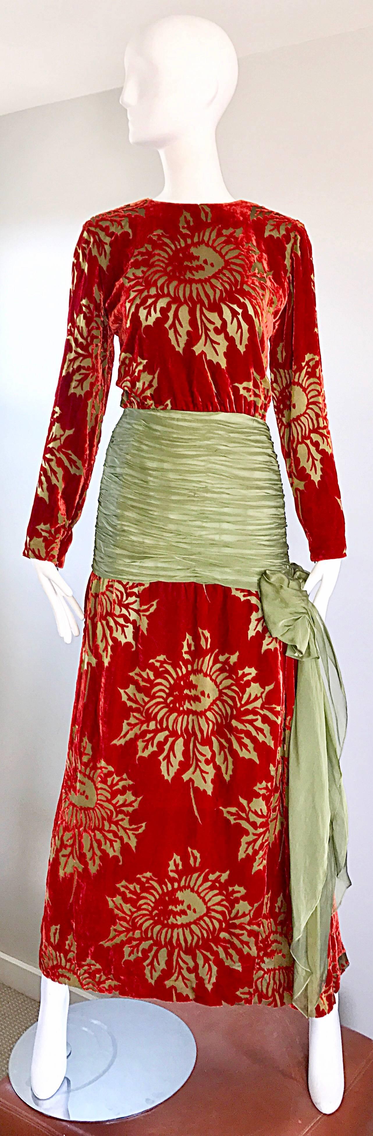 Vintage Galanos Deep Red + Chartreuse Green Burnt Out Silk Velvet 20s Style Gown 5