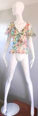 1990s Missoni Vintage Silk Chiffon Swirl Heart Print Flutter Ruffle Blouse Top