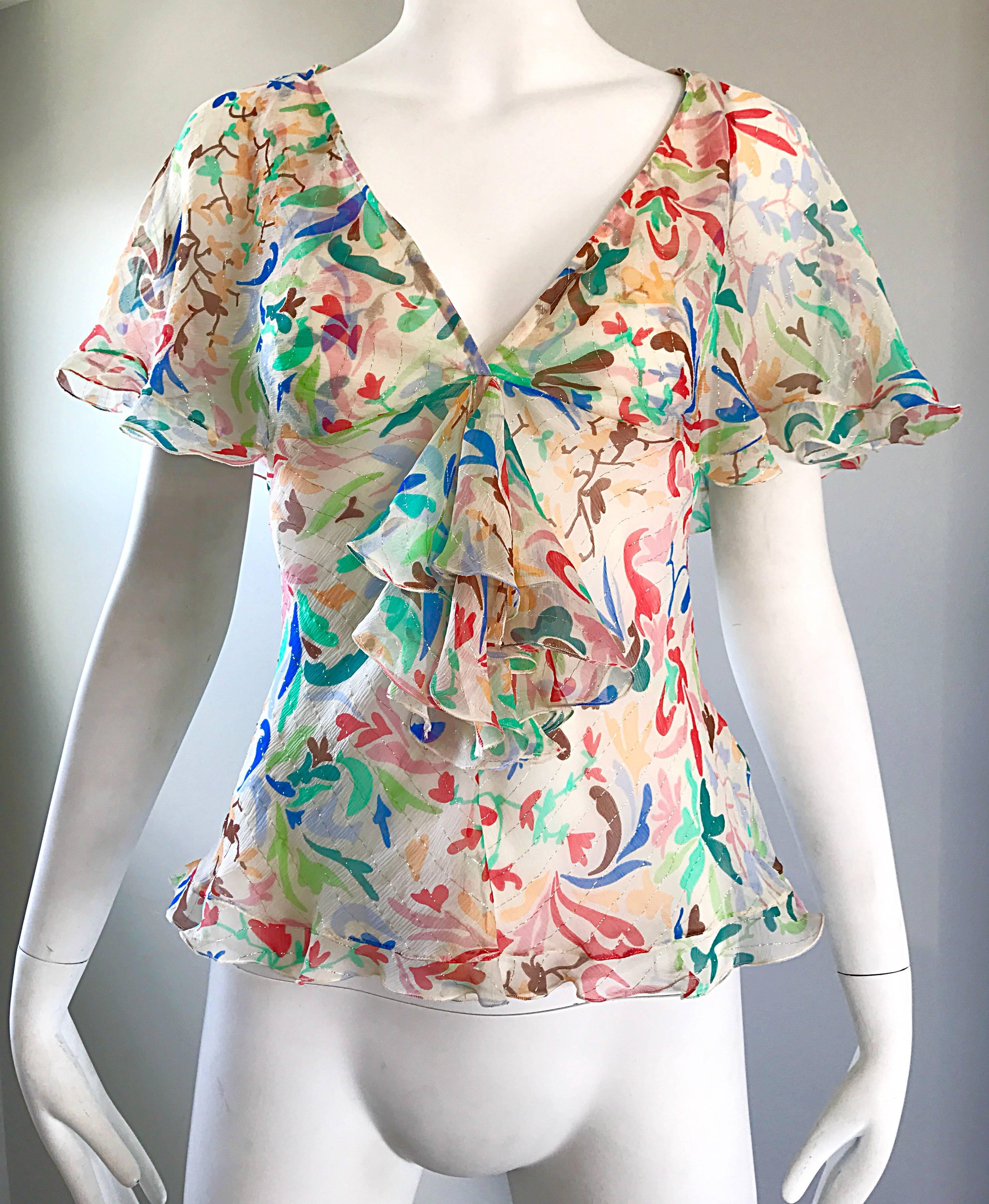 1990s Missoni Vintage Silk Chiffon Swirl Heart Print Flutter Ruffle Blouse Top  In Excellent Condition For Sale In San Diego, CA