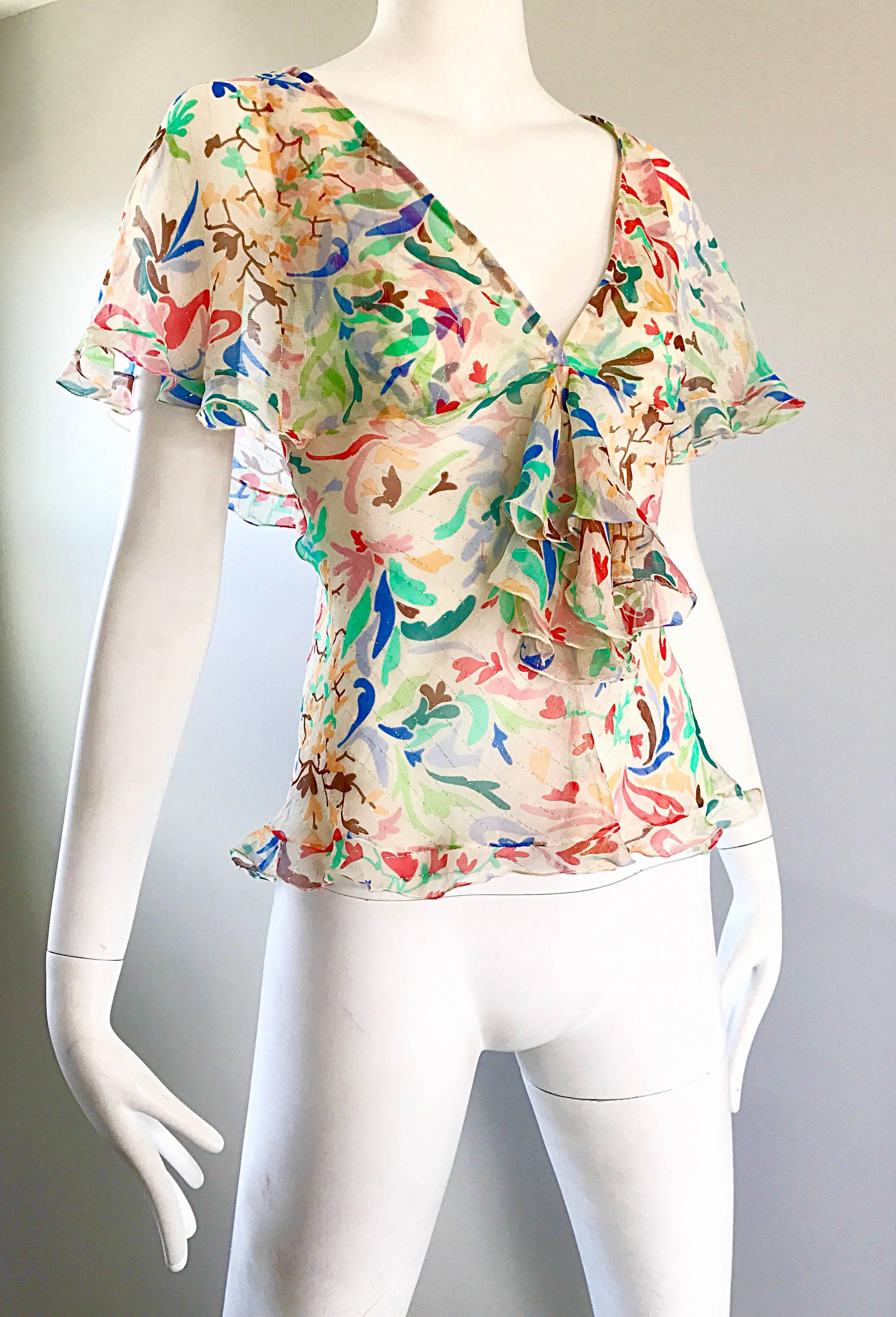 Women's 1990s Missoni Vintage Silk Chiffon Swirl Heart Print Flutter Ruffle Blouse Top  For Sale