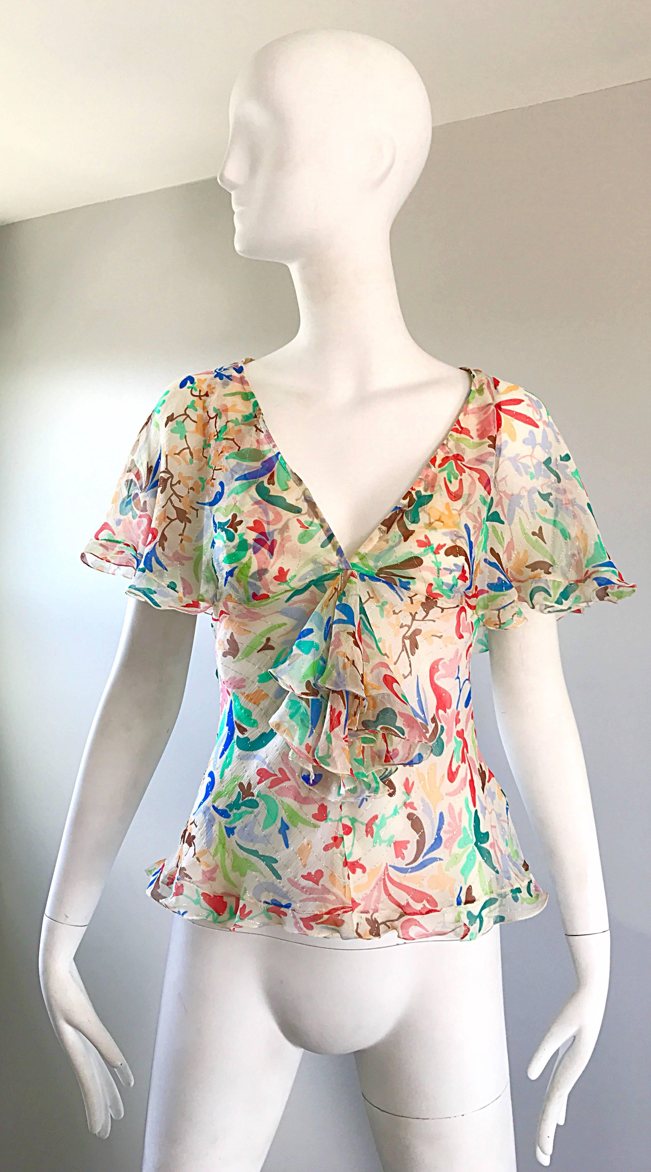 1990s Missoni Vintage Silk Chiffon Swirl Heart Print Flutter Ruffle Blouse Top For Sale 3