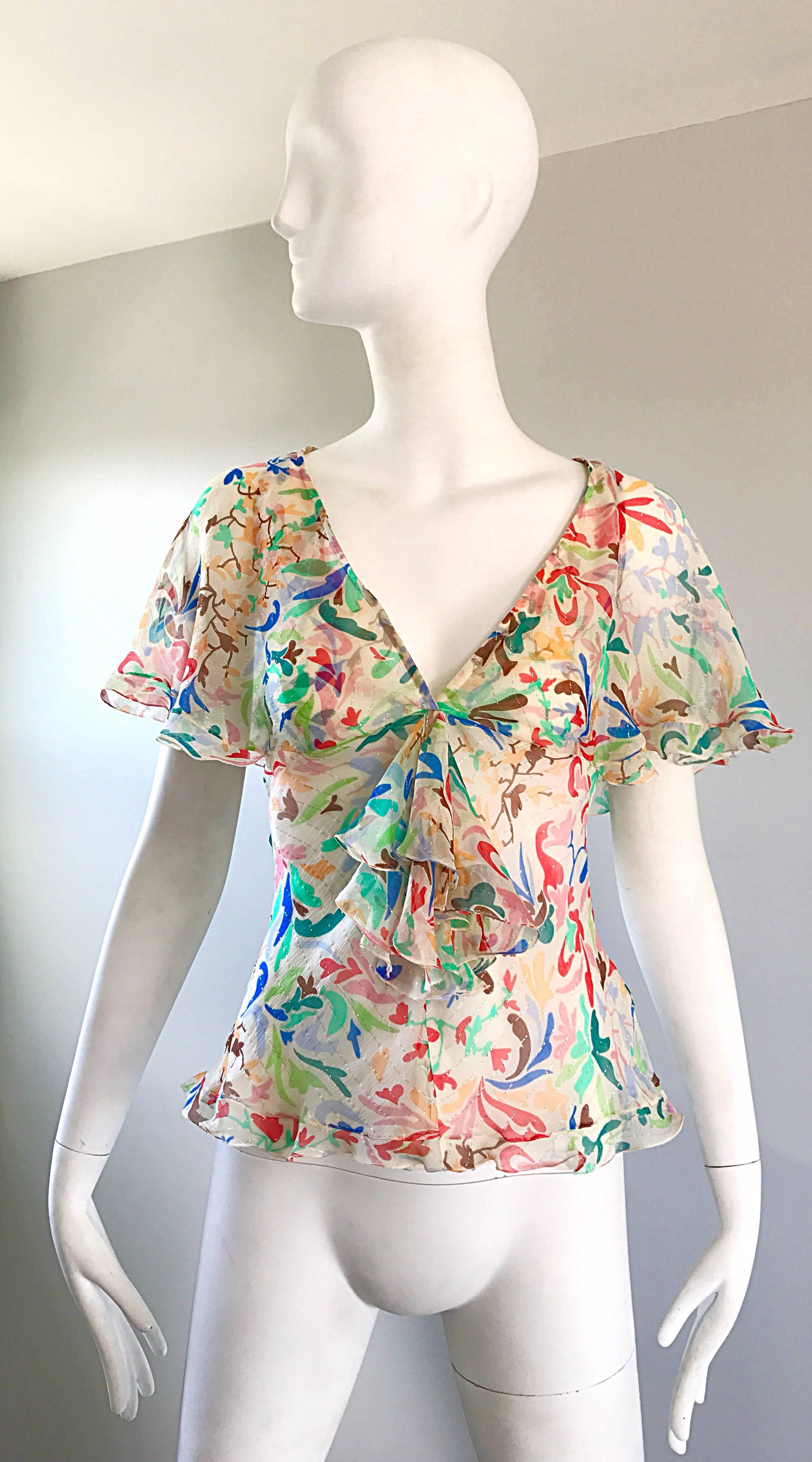 1990s Missoni Vintage Silk Chiffon Swirl Heart Print Flutter Ruffle Blouse Top  For Sale 3