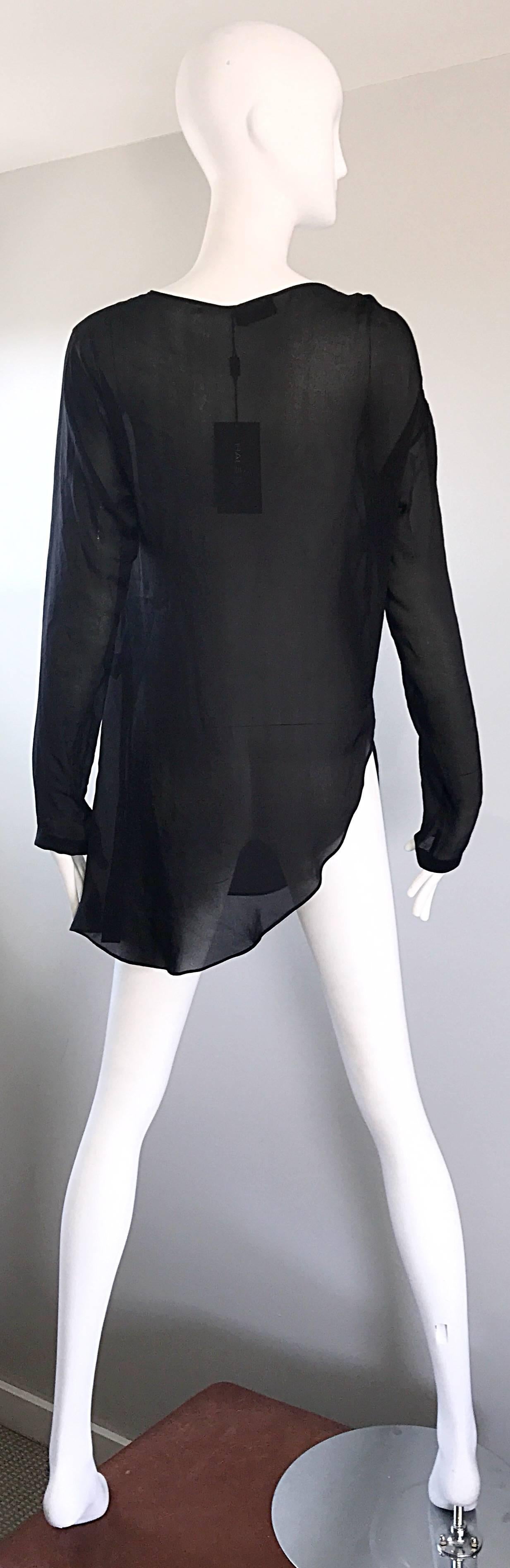 Women's Vintage Halston Black Chiffon Black Semi Sheer Asymmetrical Tunic Top Blouse