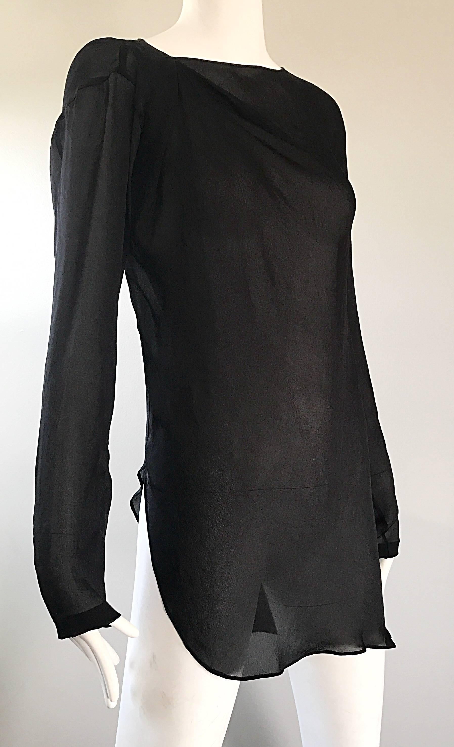 Vintage Halston Black Chiffon Black Semi Sheer Asymmetrical Tunic Top Blouse 1