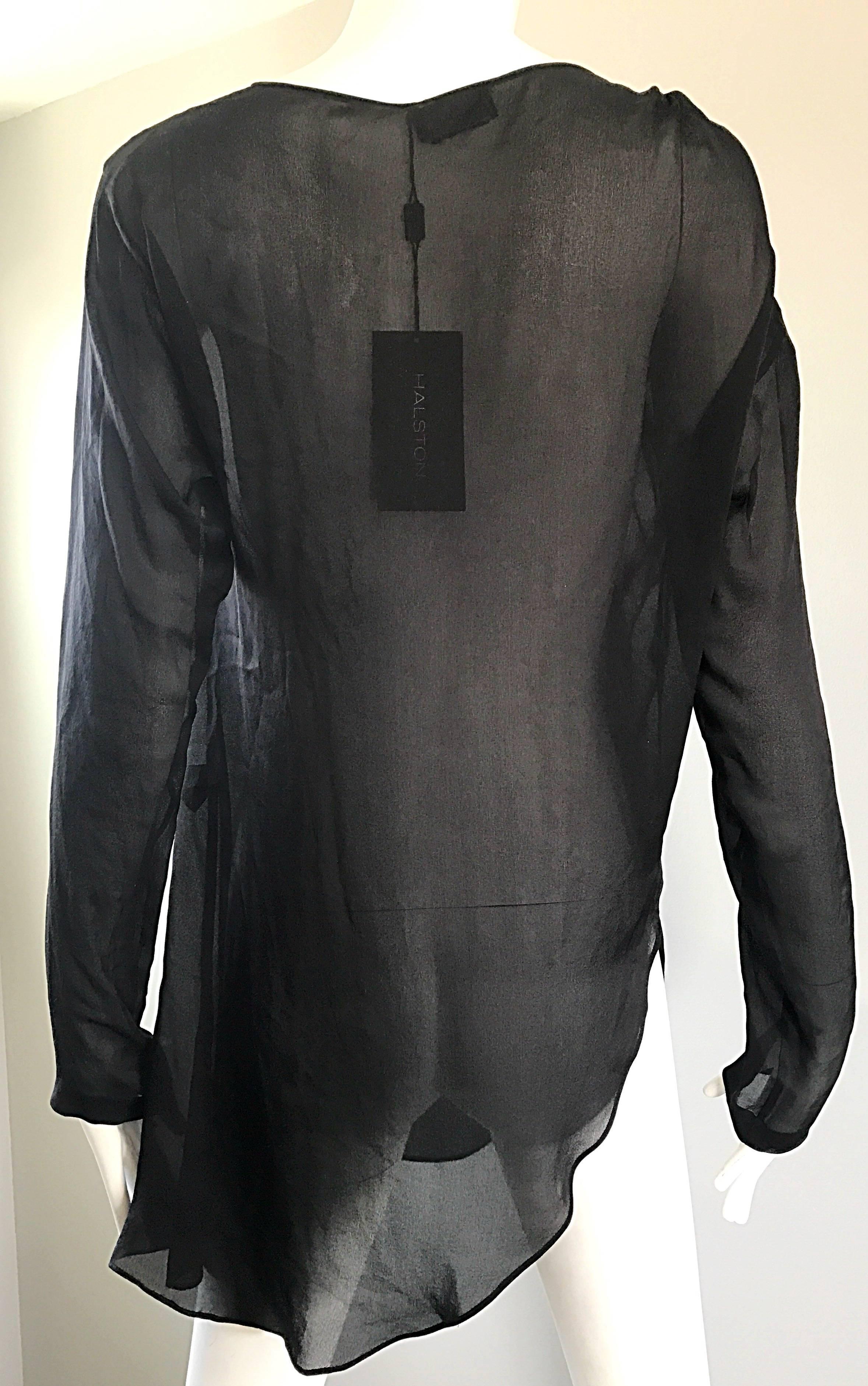 Vintage Halston Black Chiffon Black Semi Sheer Asymmetrical Tunic Top Blouse 2