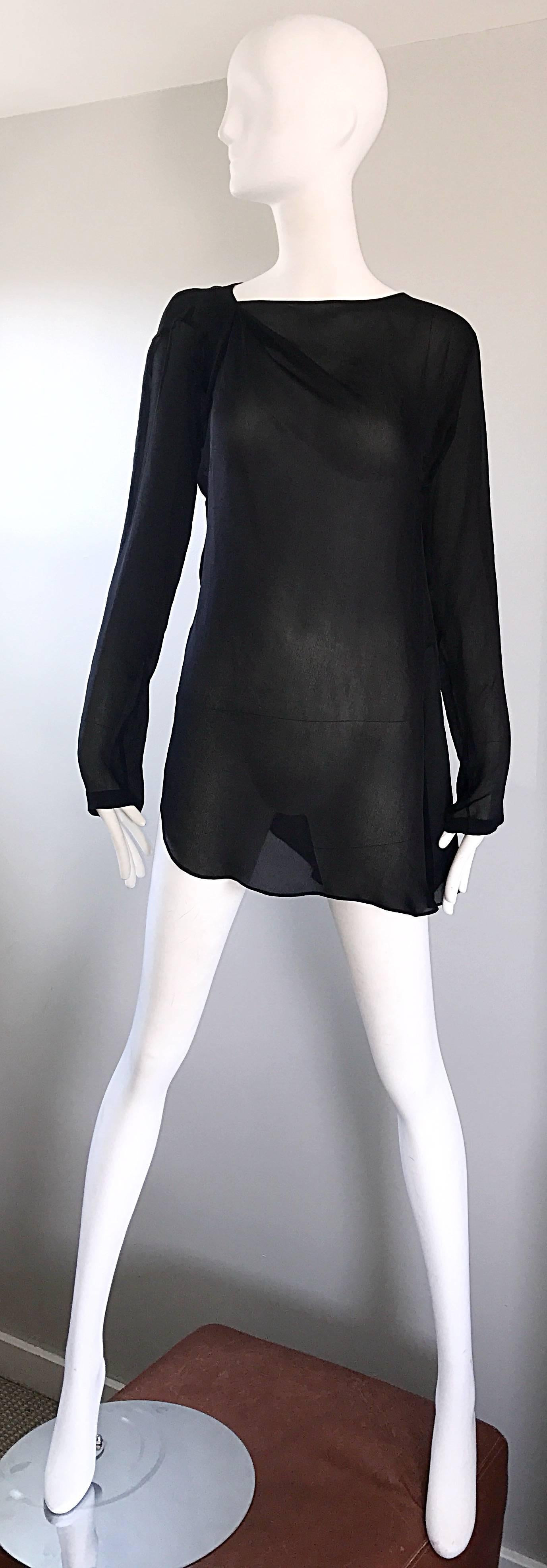 Vintage Halston Black Chiffon Black Semi Sheer Asymmetrical Tunic Top Blouse 3