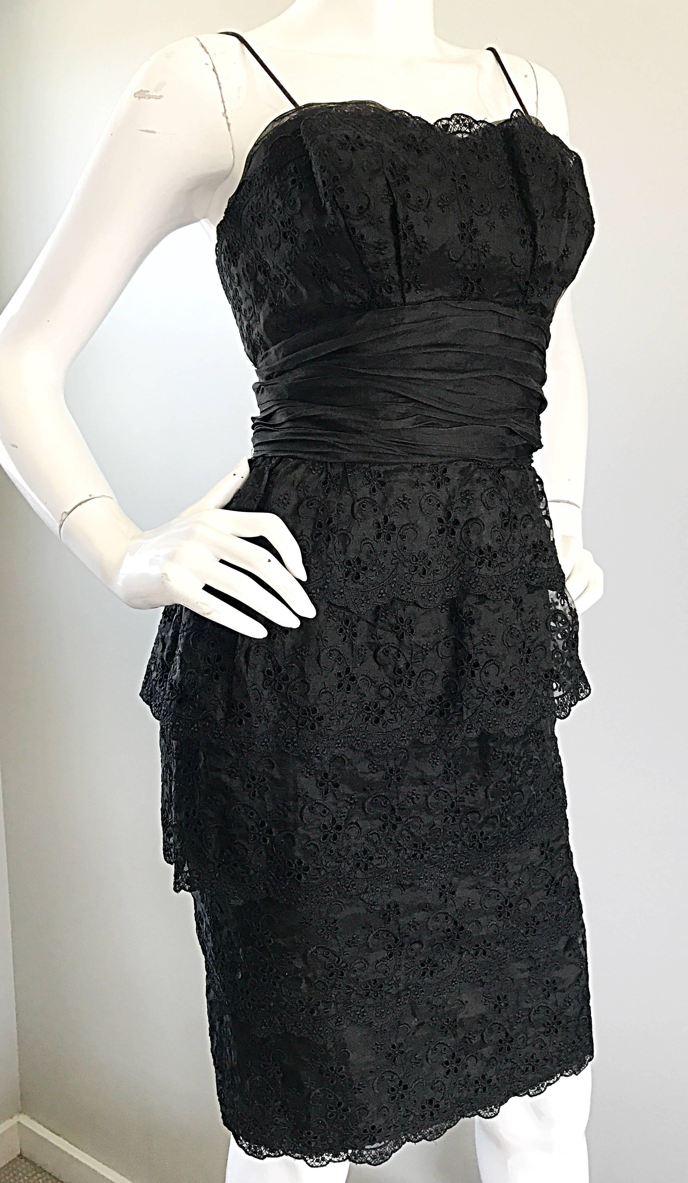 Gorgeous 1950s Demi Couture Black Silk Eyelet and Lace Vintage 50s Wiggle Dress In Excellent Condition For Sale In San Diego, CA