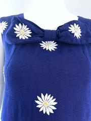 Chic 1960s Navy Blue Cotton Daisy Flower Print Vintage 60s Shift A - Line Dress