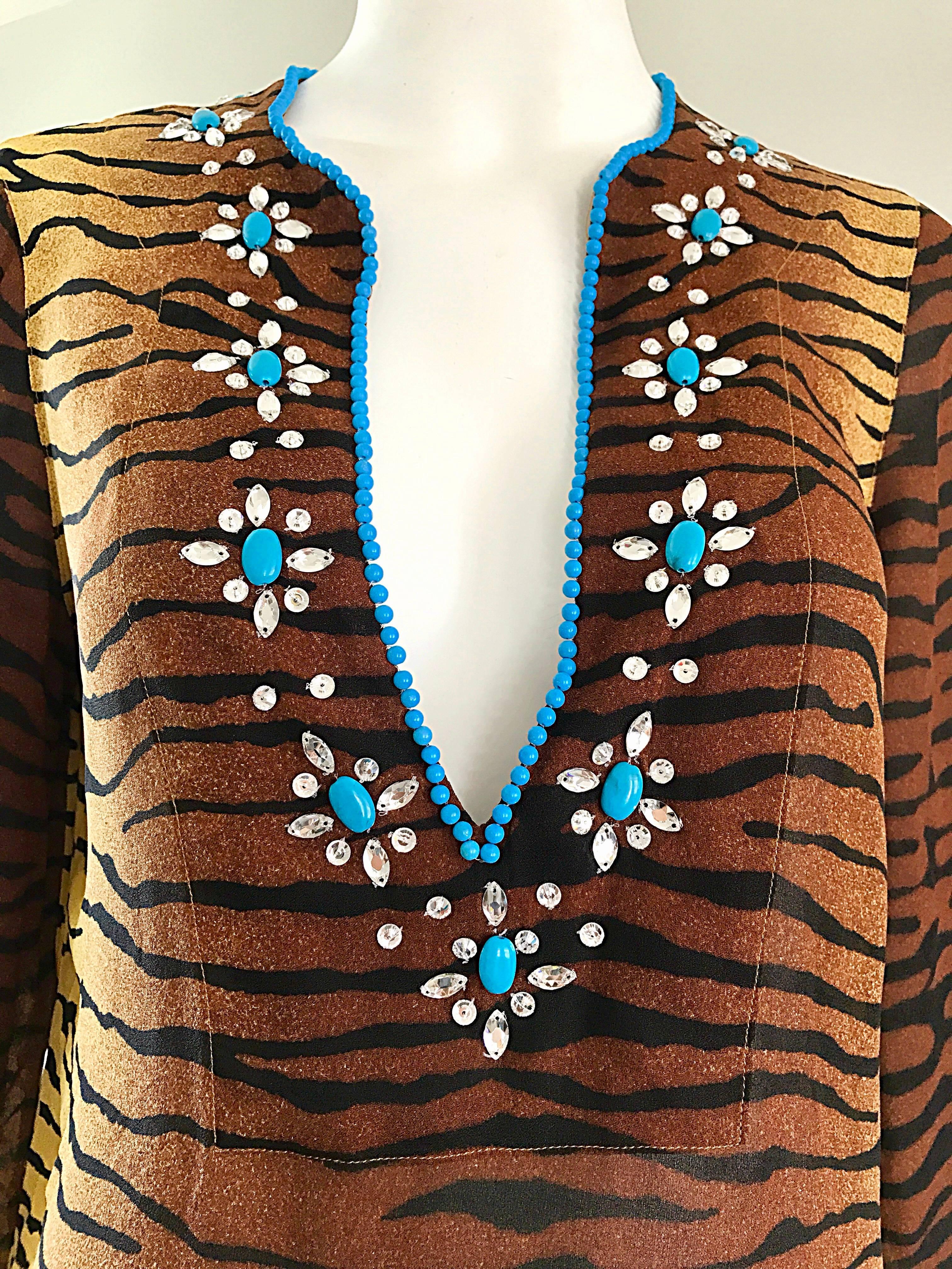 Brown 1990s Michael Kors Collection Tiger Zebra Print Beaded Silk Chiffon Tunic Top