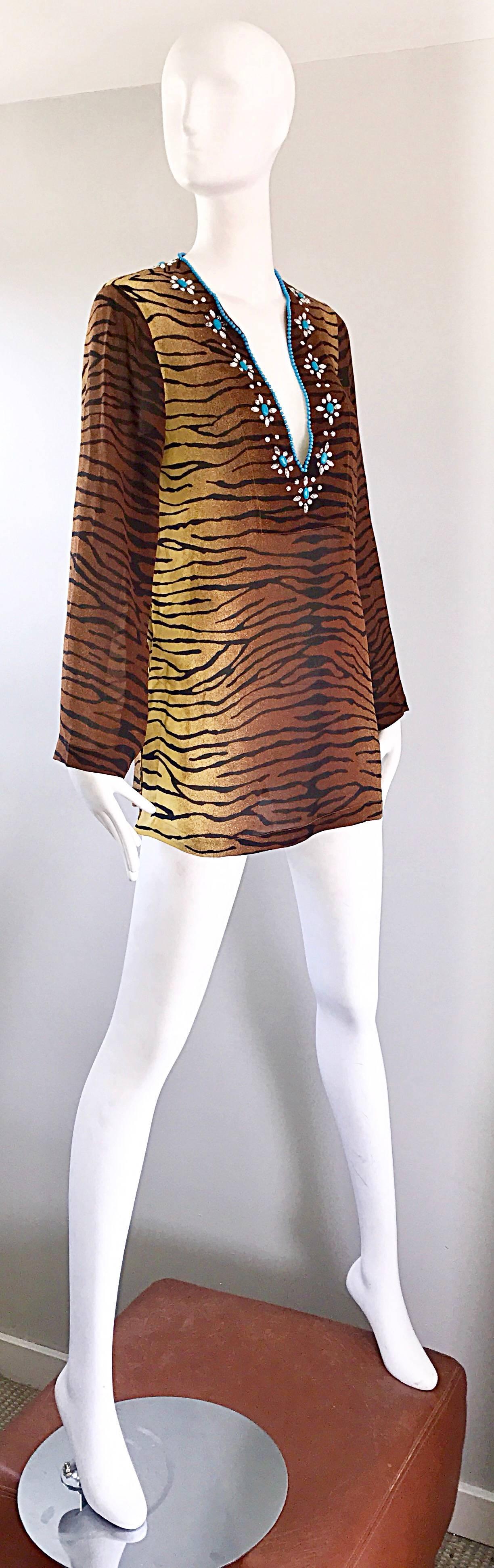 1990s Michael Kors Collection Tiger Zebra Print Beaded Silk Chiffon Tunic Top In Excellent Condition In San Diego, CA