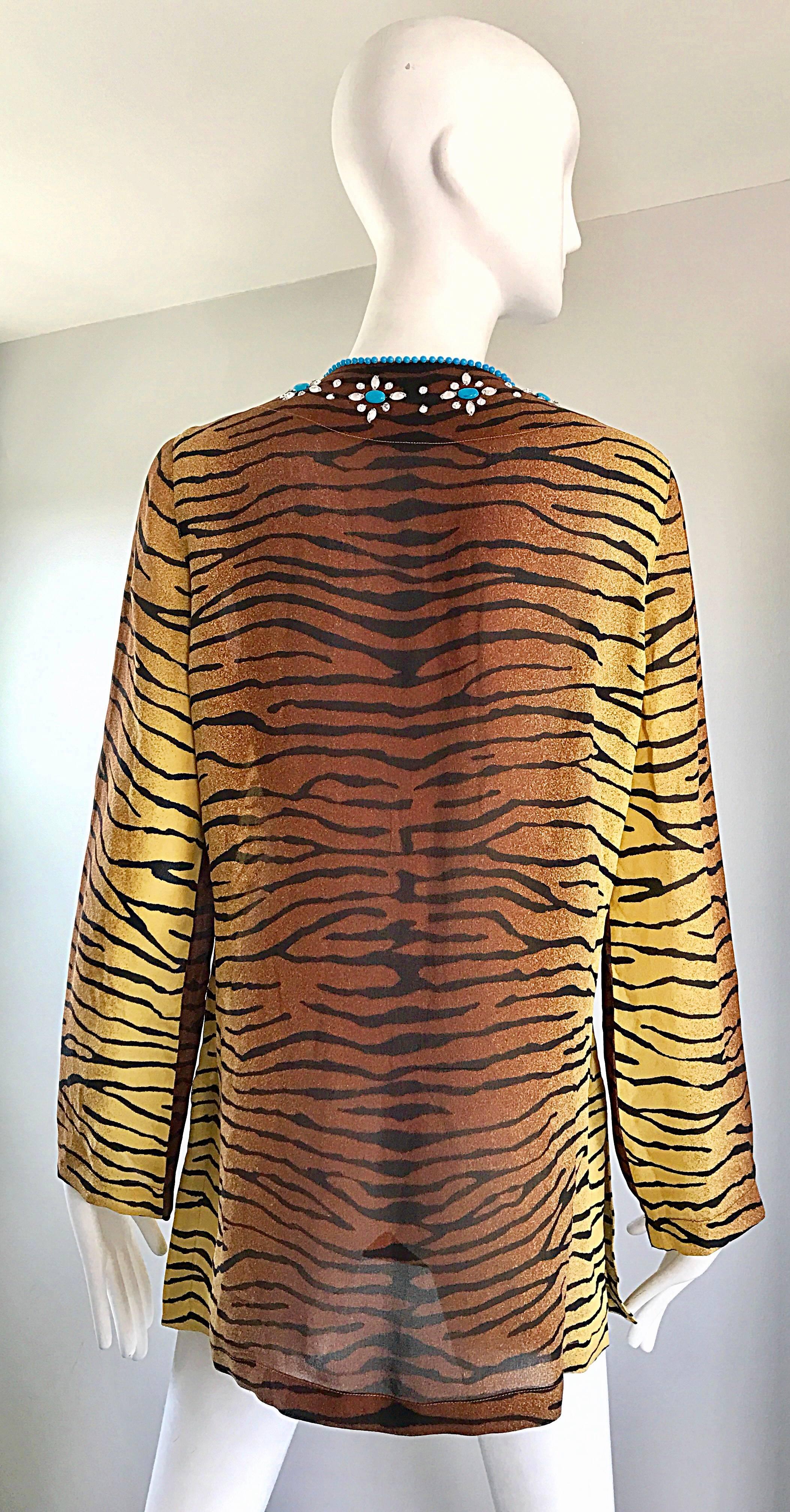 Women's 1990s Michael Kors Collection Tiger Zebra Print Beaded Silk Chiffon Tunic Top