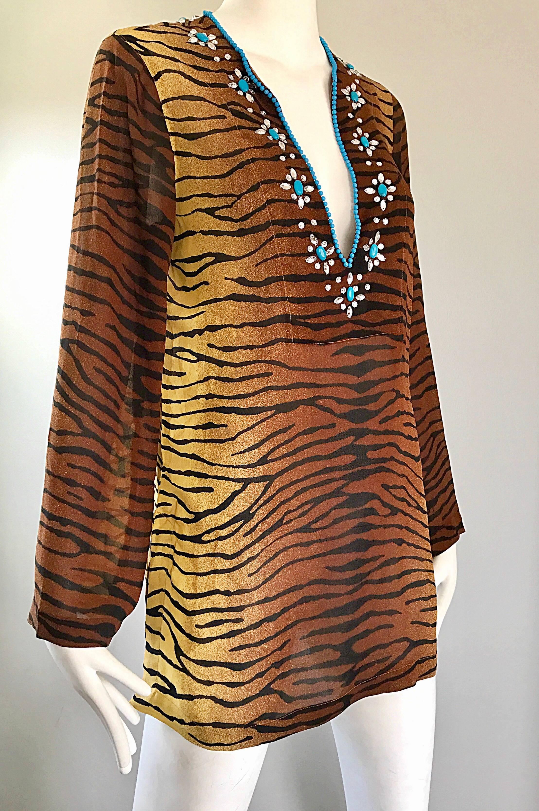1990s Michael Kors Collection Tiger Zebra Print Beaded Silk Chiffon Tunic Top 3