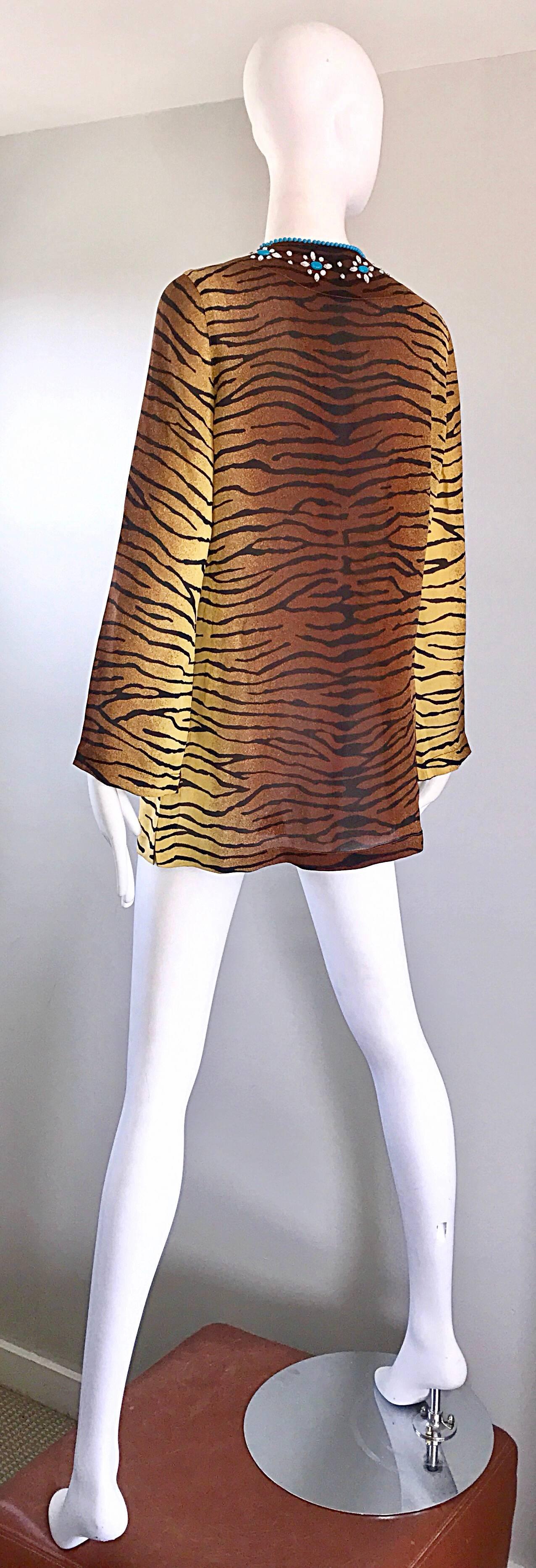 1990s Michael Kors Collection Tiger Zebra Print Beaded Silk Chiffon Tunic Top 2