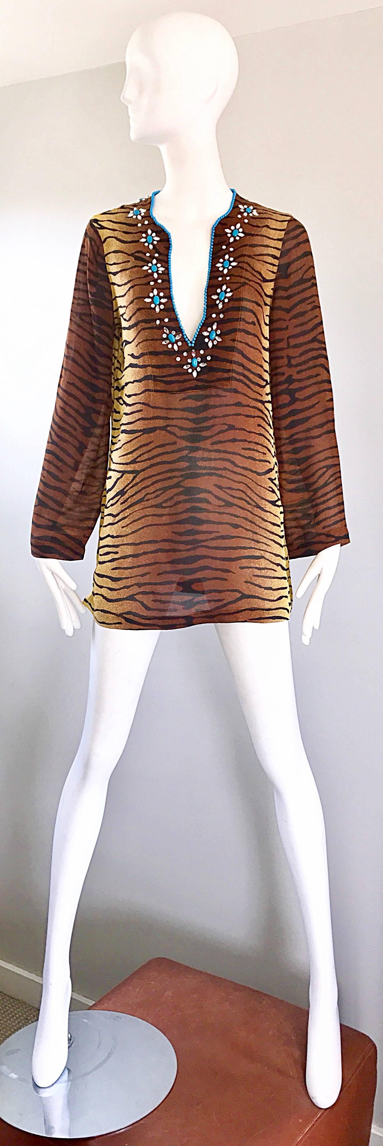 1990s Michael Kors Collection Tiger Zebra Print Beaded Silk Chiffon Tunic Top 4