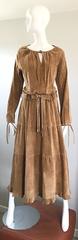1970s Leather Suede Tan Brown Boho Belted Vintage 70s Long Sleeve Maxi Dress 8