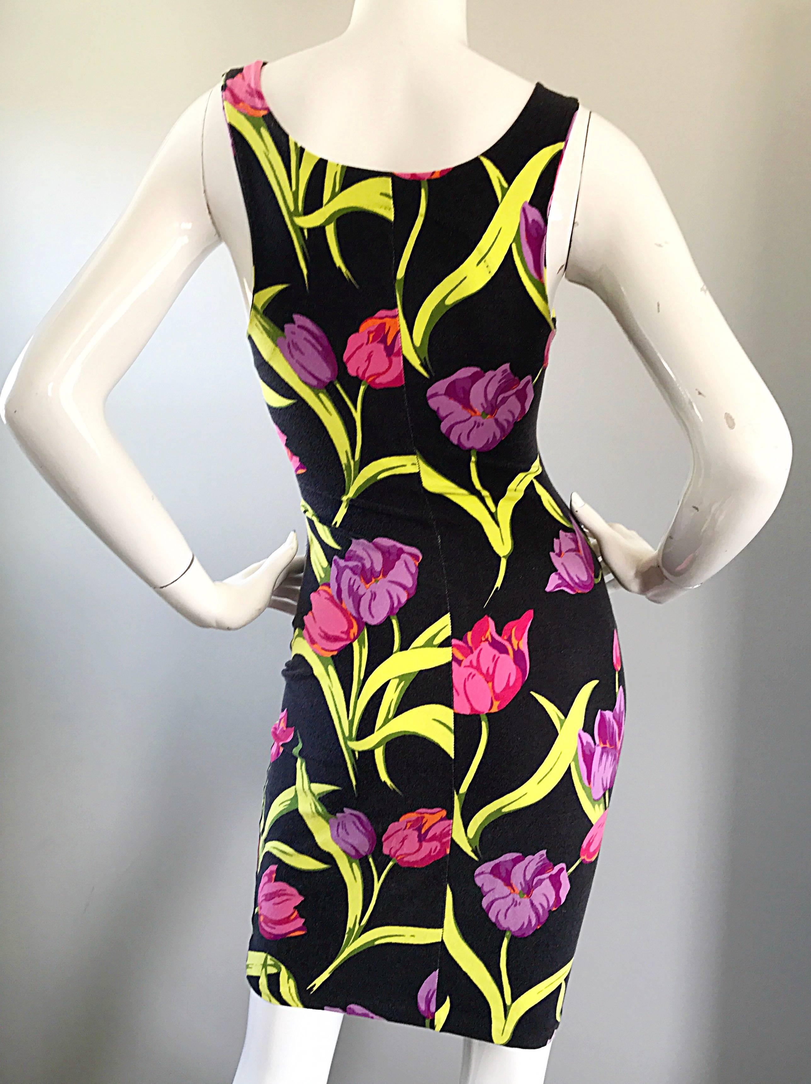 Black Vintage Betsey Johnson Early ' Punk Label ' Tulip Flower Print Bodycon Dress