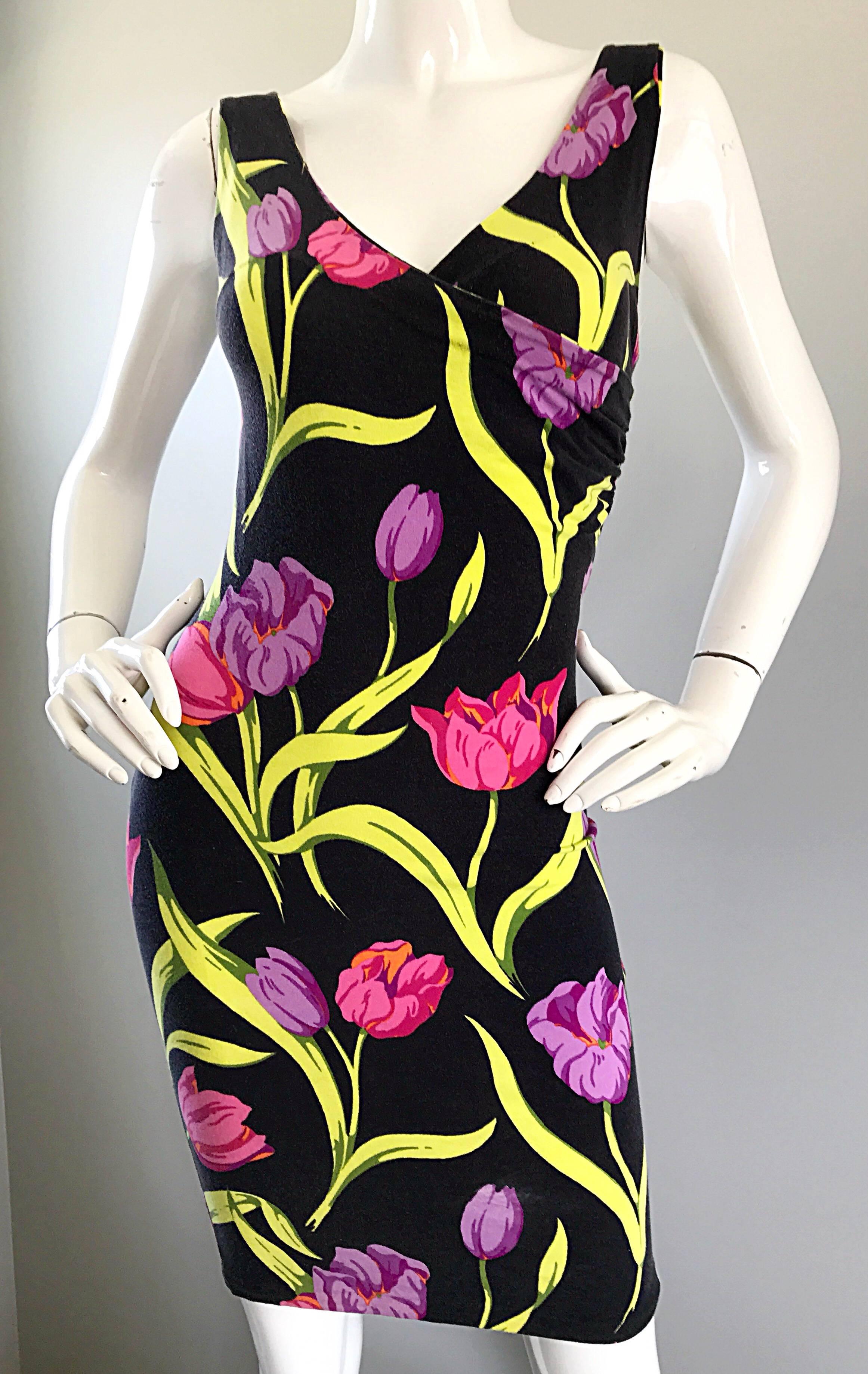 Women's Vintage Betsey Johnson Early ' Punk Label ' Tulip Flower Print Bodycon Dress